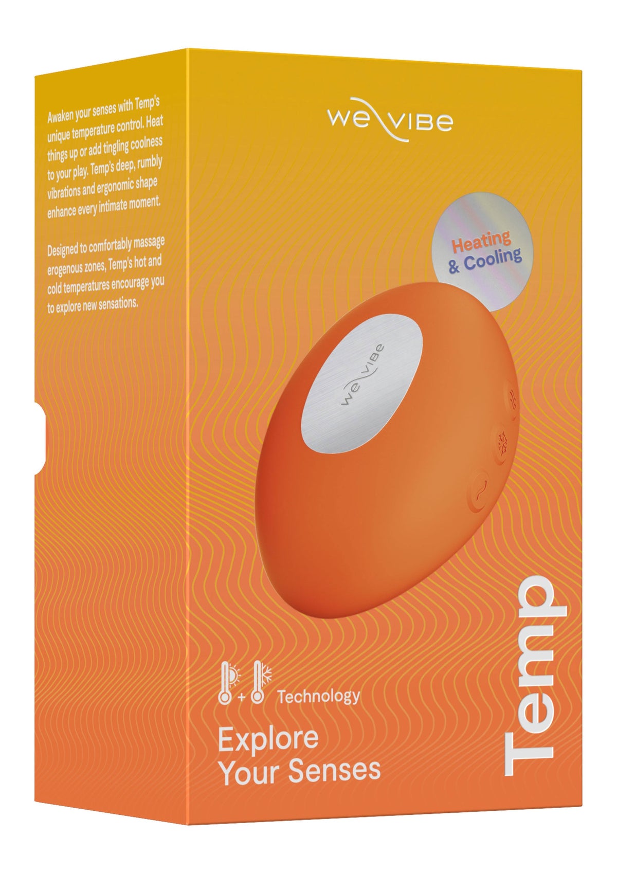 We-Vibe Temp : masseur vibrant chauffant/rafraîchissant pour explorer vos sensations. Technologie innovante pour le plaisir intime.; We-Vibe Temp: verwarmende/koelende vibrerende massager om je zintuigen te verkennen. Innovatieve technologie voor intiem genot.; We-Vibe Temp: Heating & cooling vibrating massager to explore your senses. Innovative technology for intimate pleasure.