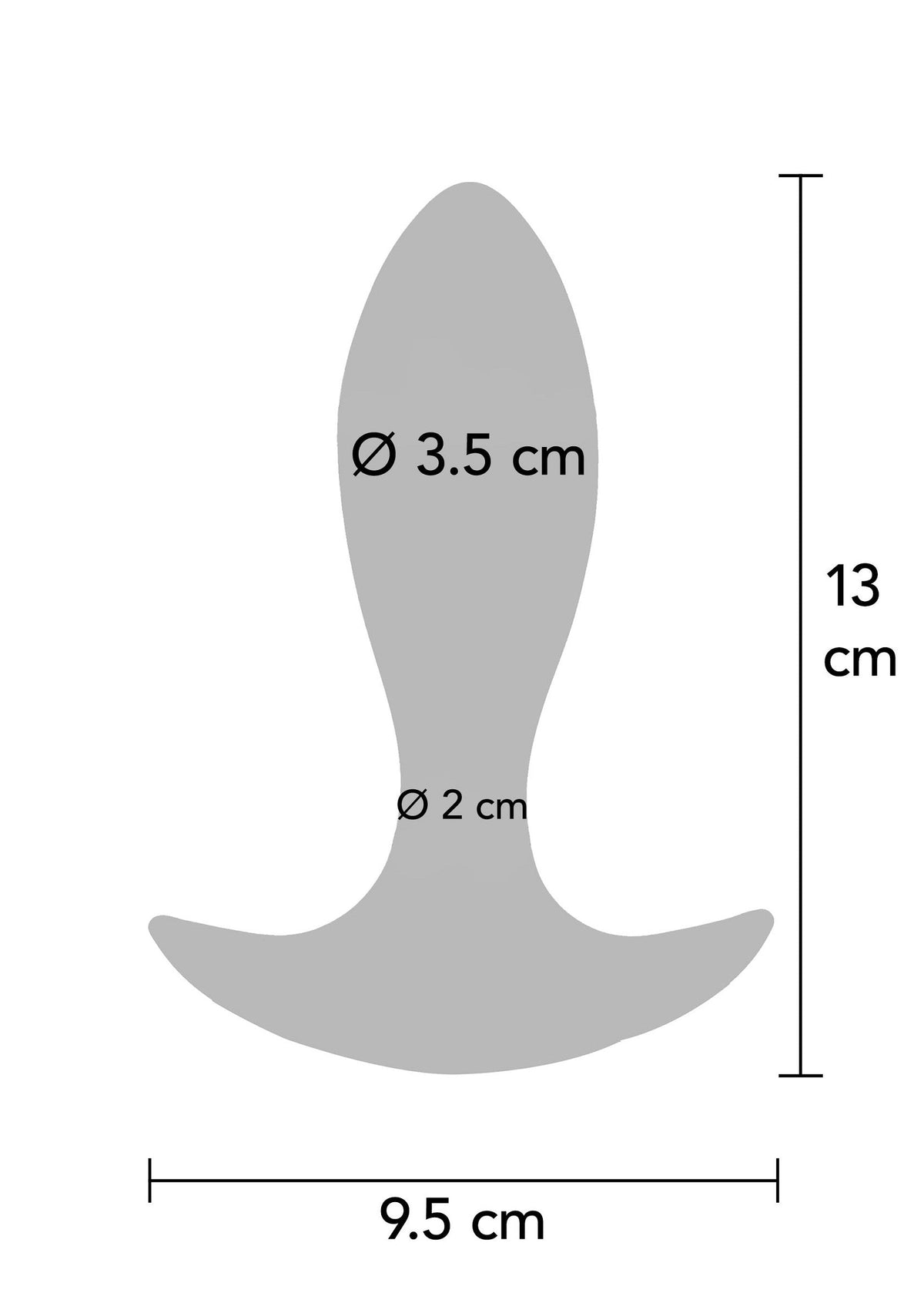 Diagramme des dimensions d'un plug anal : 13 cm de long, 9,5 cm de large, diamètre de 3,5 cm en haut et de 2 cm en bas.; Afmetingen diagram van een anale plug: 13 cm lang, 9,5 cm breed, 3,5 cm diameter bovenaan en 2 cm diameter onderaan.; Dimensions diagram of an anal plug: 13 cm long, 9.5 cm wide, 3.5 cm diameter at the top and 2 cm diameter at the bottom.