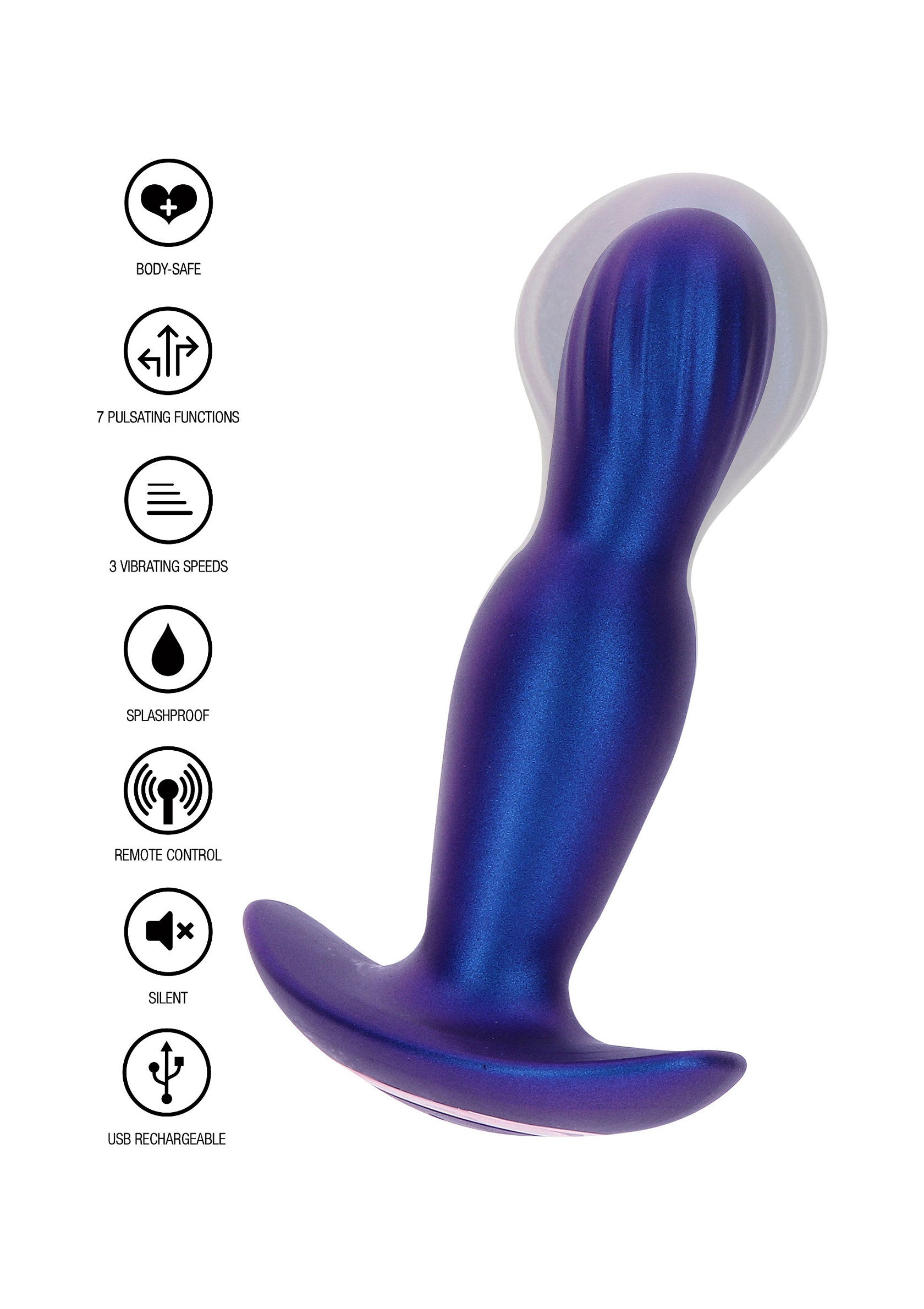 Plug anal vibrant bleu, rechargeable USB, télécommandé, avec 7 modes de vibration. Plaisir intense et discret garanti!; Blauwe vibrerende anaalplug, USB-oplaadbaar, afstandsbediening, met 7 vibratiestanden. Gegarandeerd intens en discreet plezier!; Blue vibrating anal plug, USB rechargeable, remote control, with 7 vibration modes. Guaranteed intense and discreet pleasure!