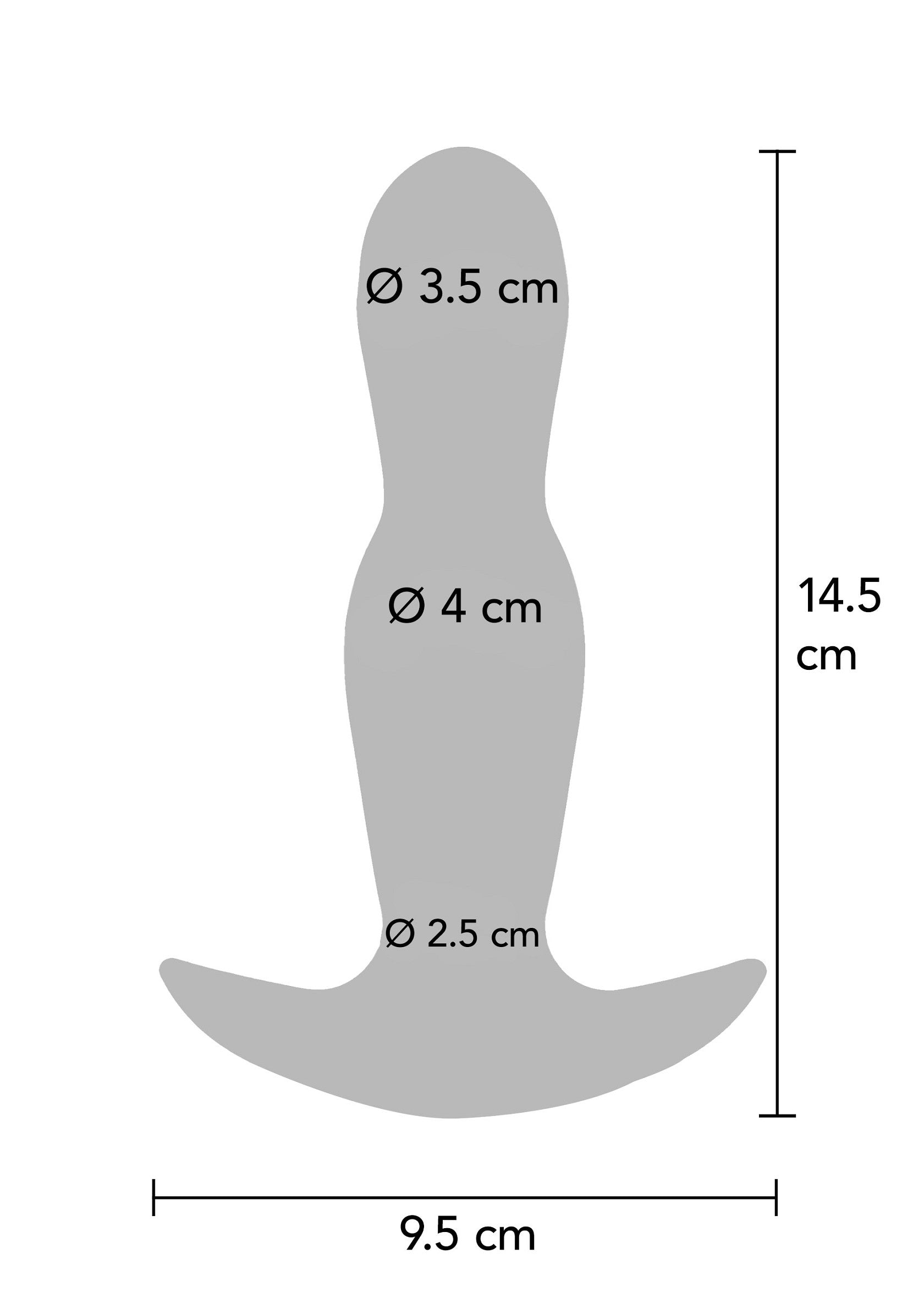 Diagramme des dimensions d'un plug anal en silicone, parfait pour le plaisir intime.; Diagram van de afmetingen van een siliconen anale plug, perfect voor intiem plezier.; Diagram of the dimensions of a silicone anal plug, perfect for intimate pleasure.