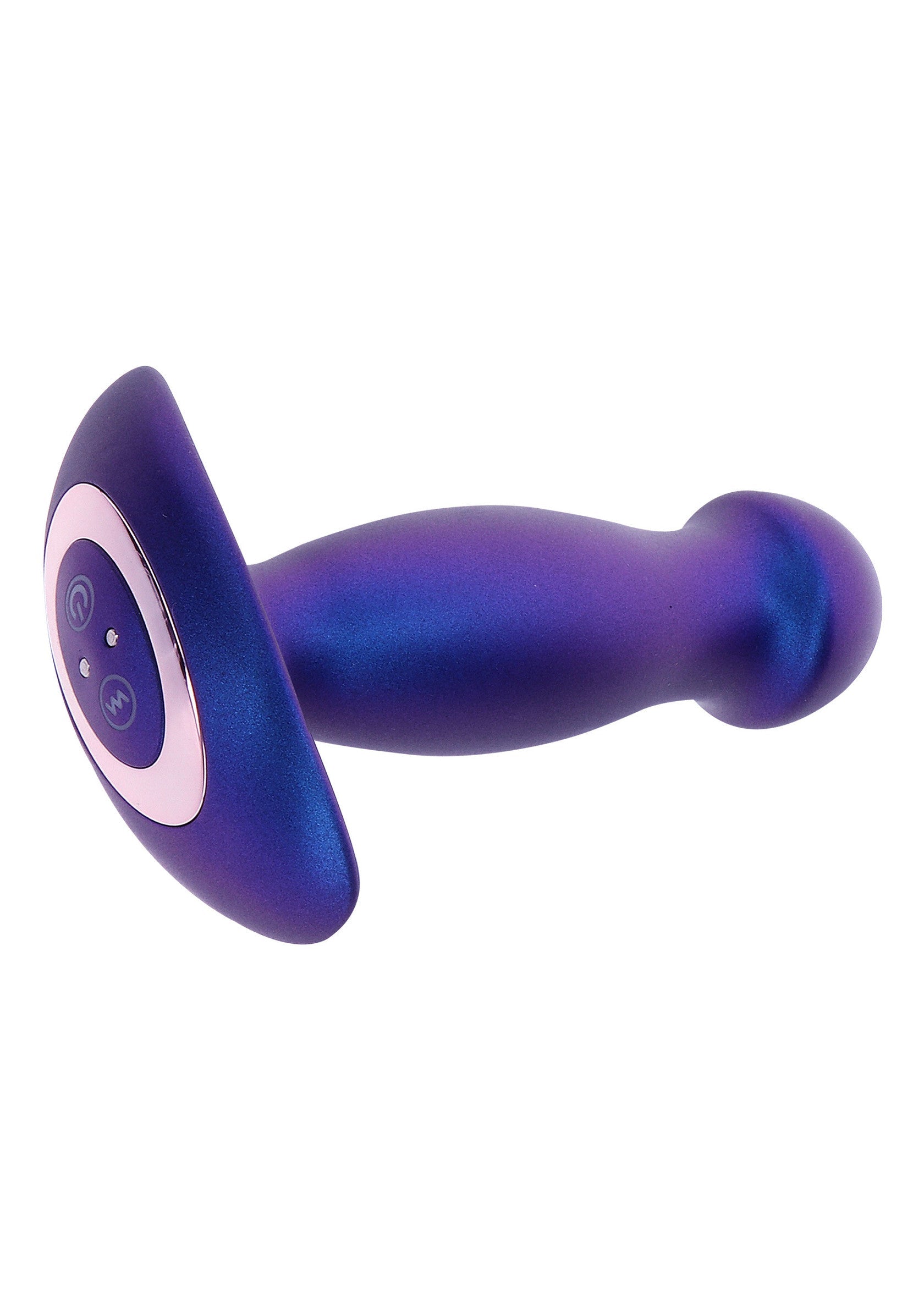 Plug anal vibrant en silicone bleu et violet pour une expérience intense et agréable.; Vibrerende anale plug van blauw en paars silicone voor een intense en prettige ervaring.; Vibrating butt plug in blue and purple silicone for an intense and pleasurable experience.