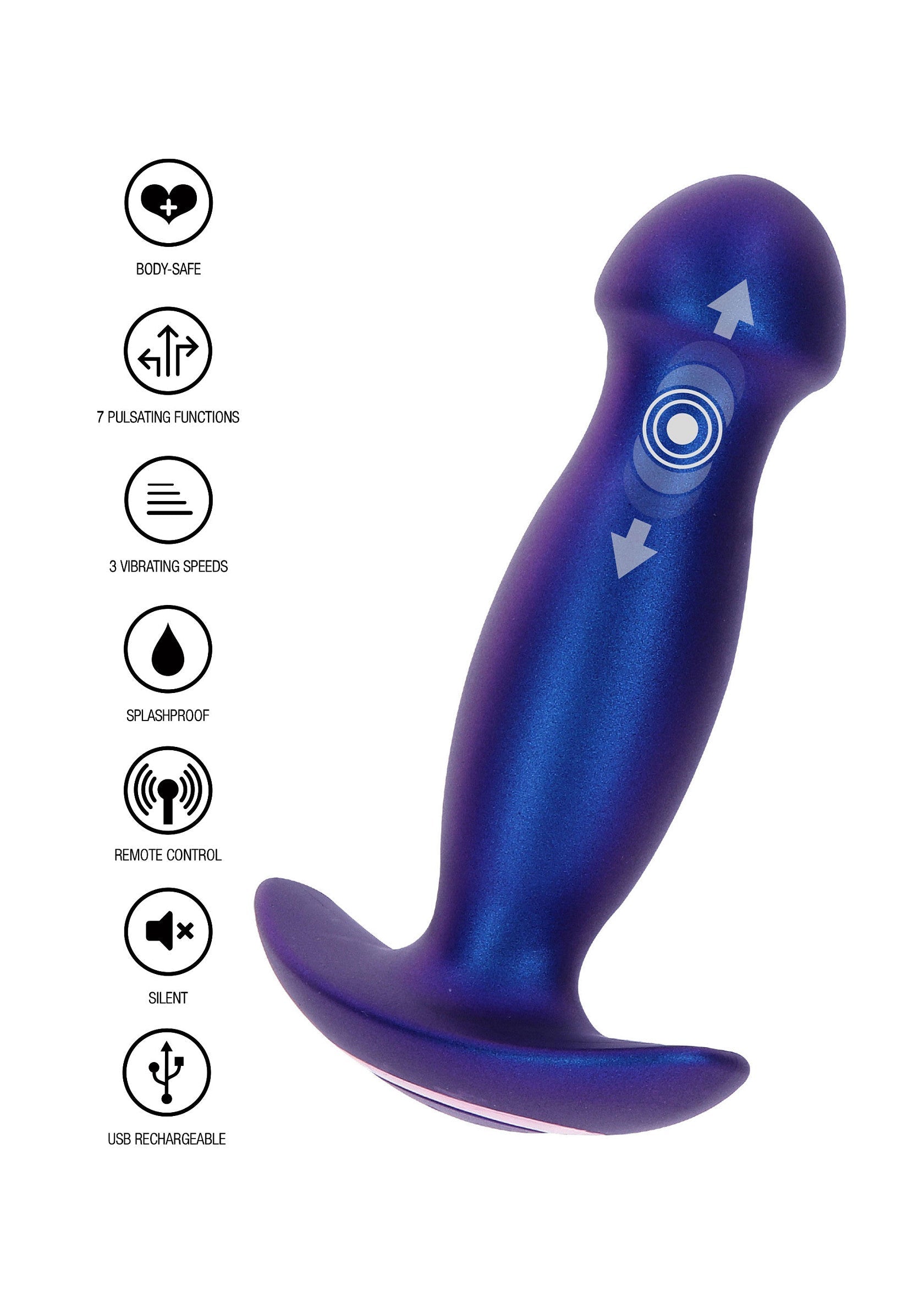 Plug anal vibrant rechargeable USB. 7 fonctions, 3 vitesses. Télécommande, silencieux et étanche. Sûr pour le corps.; USB oplaadbare vibrerende anale plug. 7 functies, 3 snelheden. Afstandsbediening, stil en spatwaterdicht. Lichaamsveilig.; USB rechargeable vibrating anal plug. 7 functions, 3 speeds. Remote control, silent & splashproof. Body-safe.