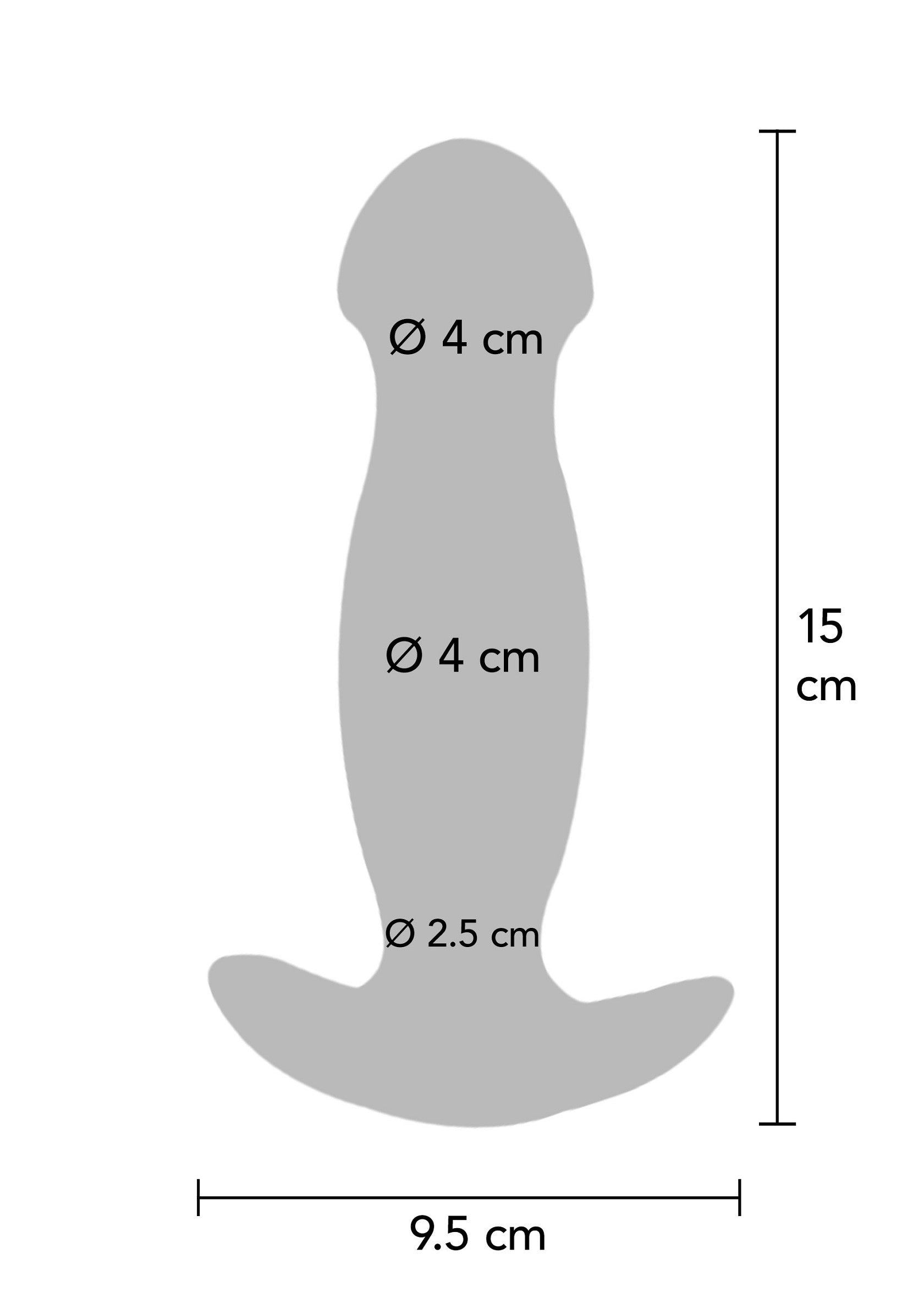 Image des dimensions d'un plug anal. Diamètres de 4cm et 2.5cm, longueur de 15cm et largeur de 9.5cm.; Afbeelding van de afmetingen van een anale plug. Diameters van 4cm en 2.5cm, lengte van 15cm en breedte van 9.5cm.; Image of an anal plug's dimensions. Diameters of 4cm and 2.5cm, length of 15cm, and width of 9.5cm.