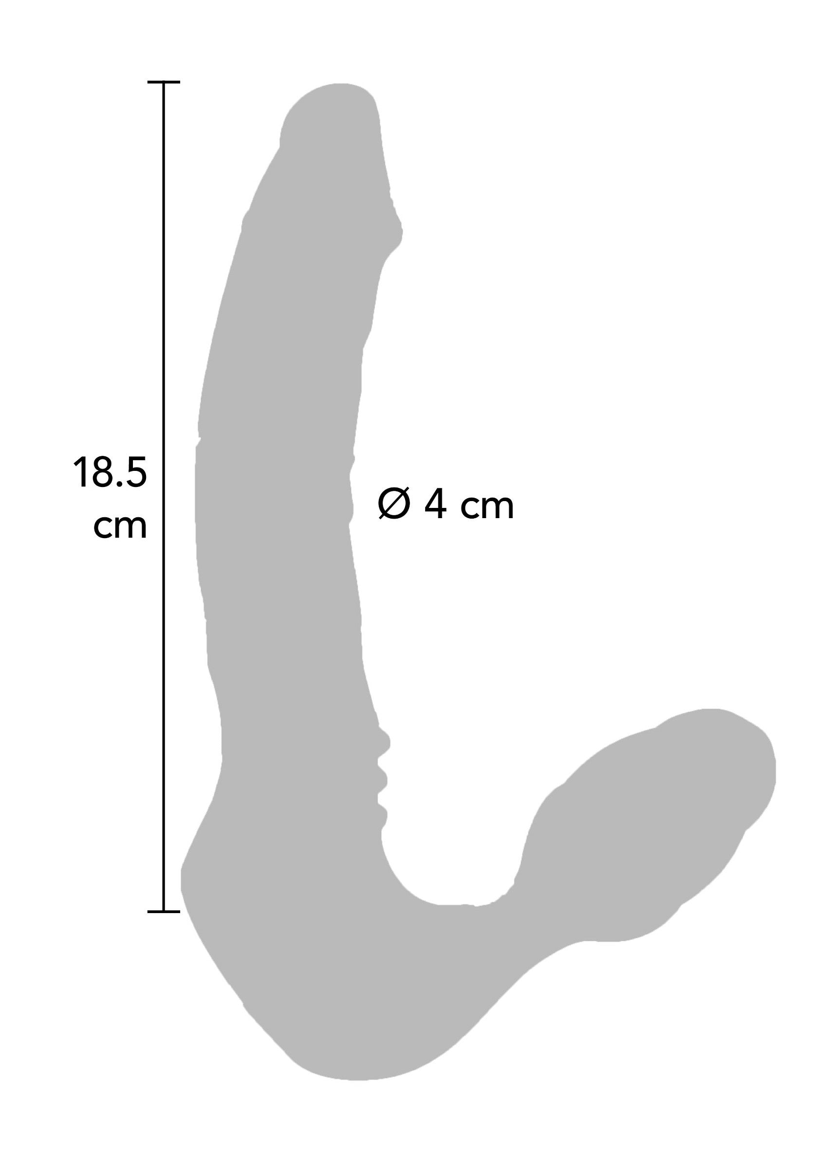 Silhouette grise d'un sextoy avec dimensions indiquées : 18.5cm de long et 4cm de diamètre. Plaisir assuré !; Grijze silhouet van een seksspeeltje met afmetingen: 18.5cm lang en 4cm diameter. Gegarandeerd plezier!; Grey silhouette of a sex toy with dimensions: 18.5cm long and 4cm diameter. Guaranteed pleasure!