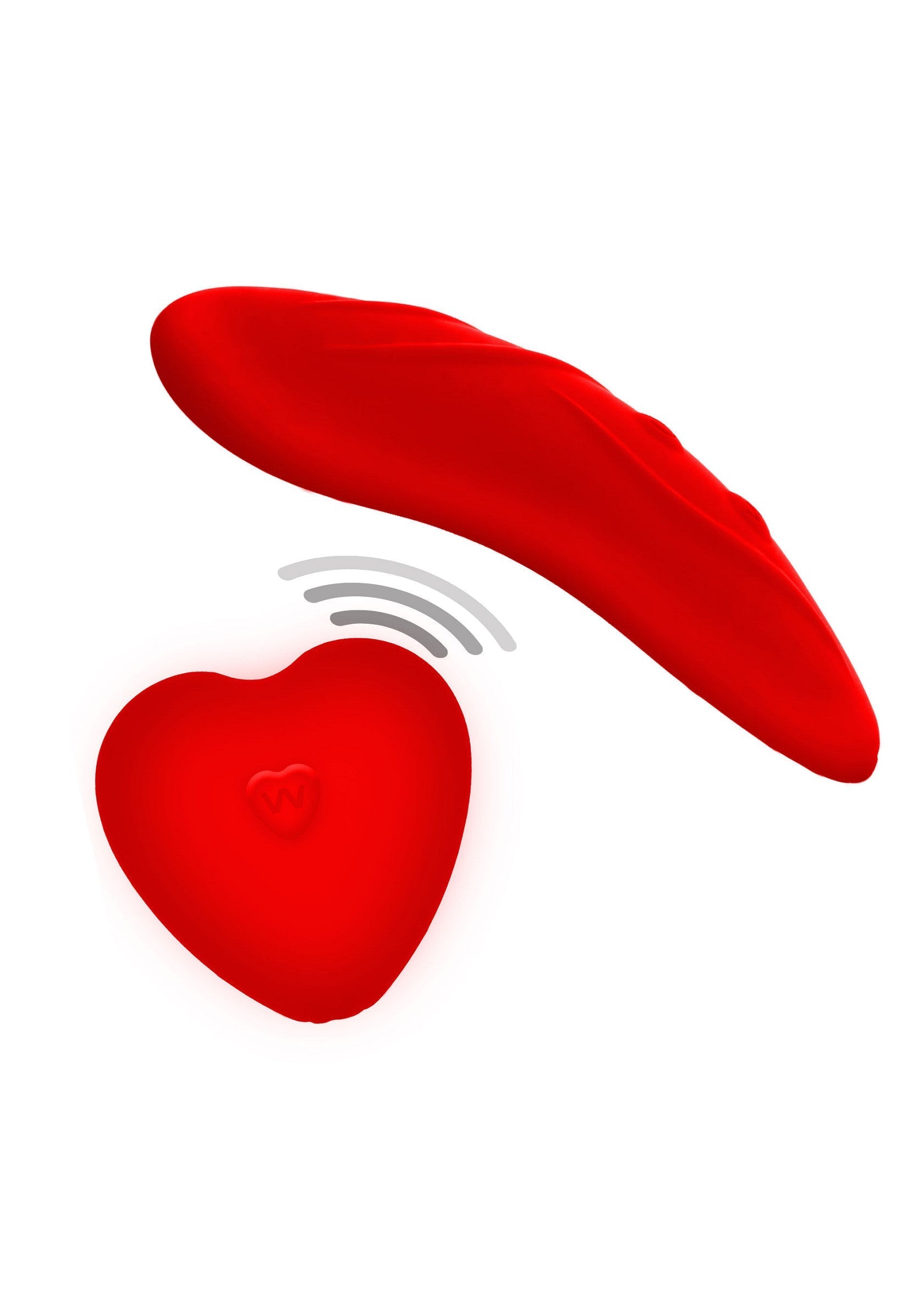 Vibromasseur vibrant rouge avec télécommande en forme de cœur pour le plaisir personnel et les câlins.; Rode vibrerende stimulator met hartvormige afstandsbediening voor persoonlijk plezier en knuffels.; Red vibrating stimulator with heart-shaped remote control for personal pleasure and cuddles.