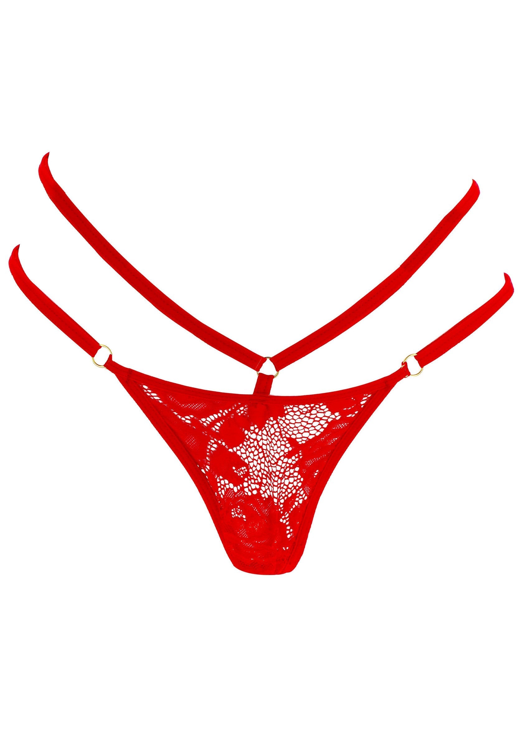String rouge en dentelle florale, lingerie féminine sexy et élégante.; Rode string met bloemenkant, sexy en elegant damesondergoed.; Red floral lace thong, sexy and elegant women's lingerie.