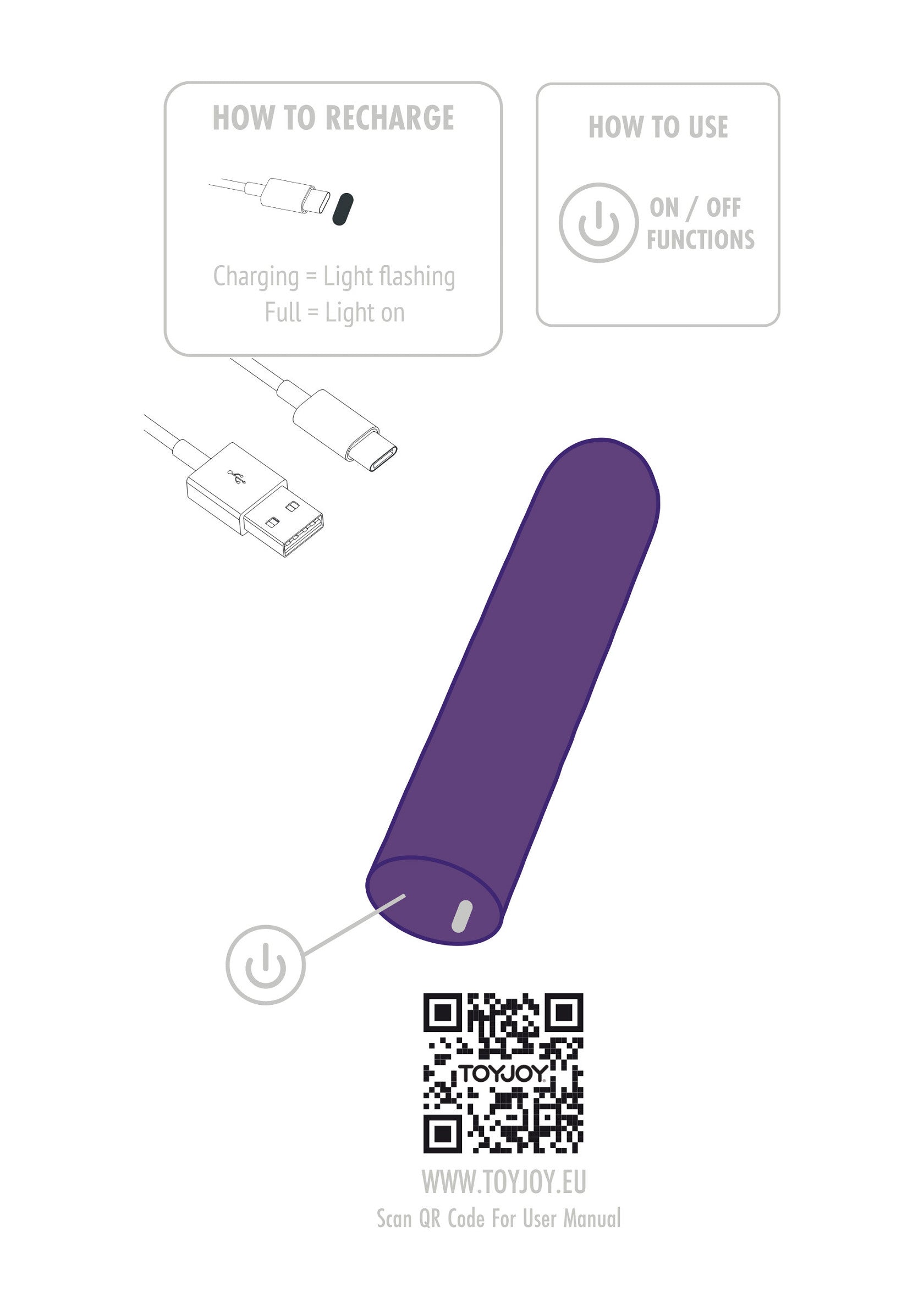 Manuel d'utilisation du masseur vibrant rechargeable violet, avec instructions d'utilisation et QR code.; Handleiding voor de paarse oplaadbare vibrator, met gebruiksaanwijzing en QR-code.; Manual for purple rechargeable vibrator, with instructions & QR code. Scan for user manual.