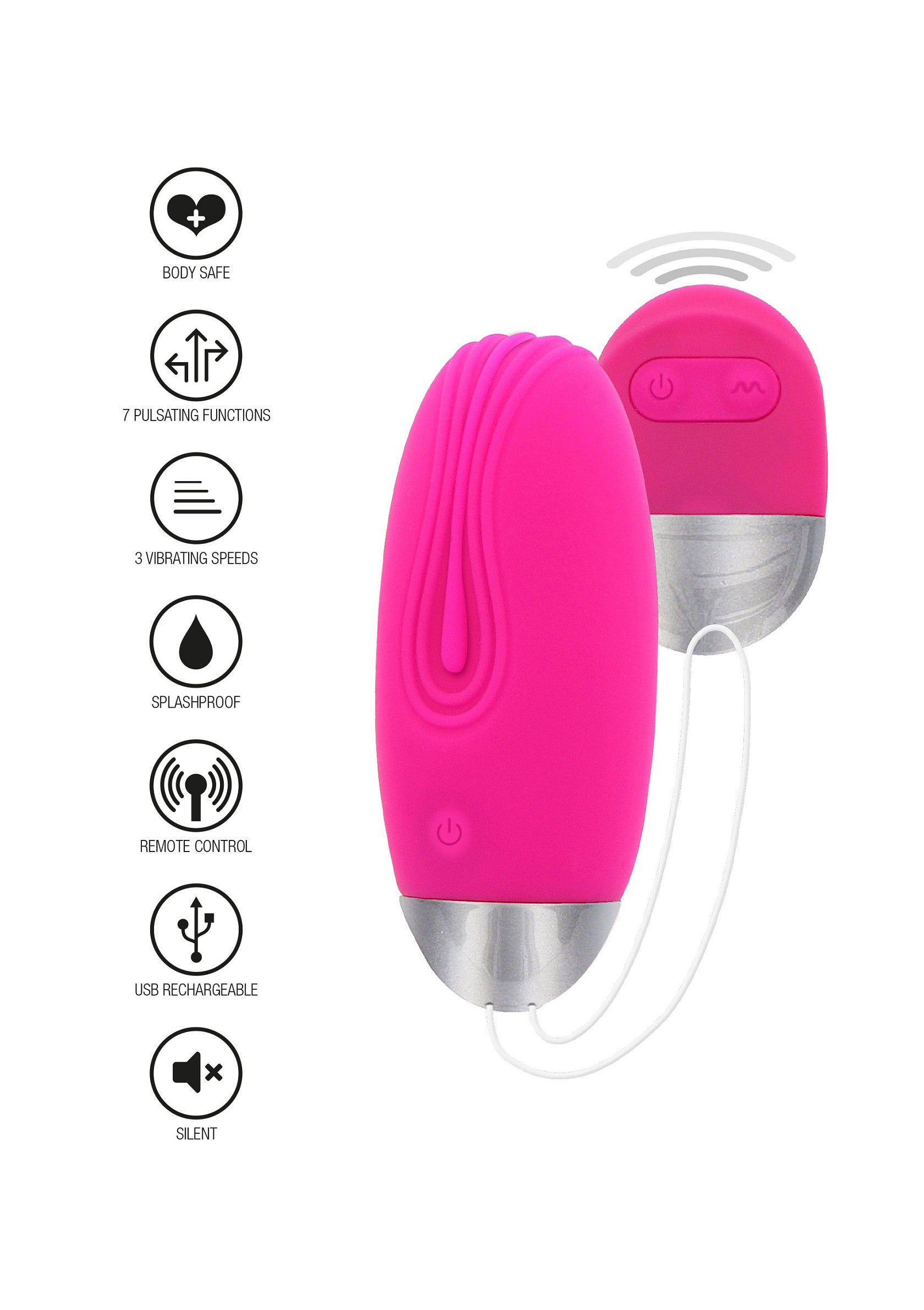 Vibrateur rose avec télécommande. 7 modes de vibration, étanche et rechargeable par USB.; Roze vibrator met afstandsbediening. 7 vibratiestanden, waterdicht en USB oplaadbaar.; Pink vibrator with remote control. 7 vibration modes, splashproof, and USB rechargeable.