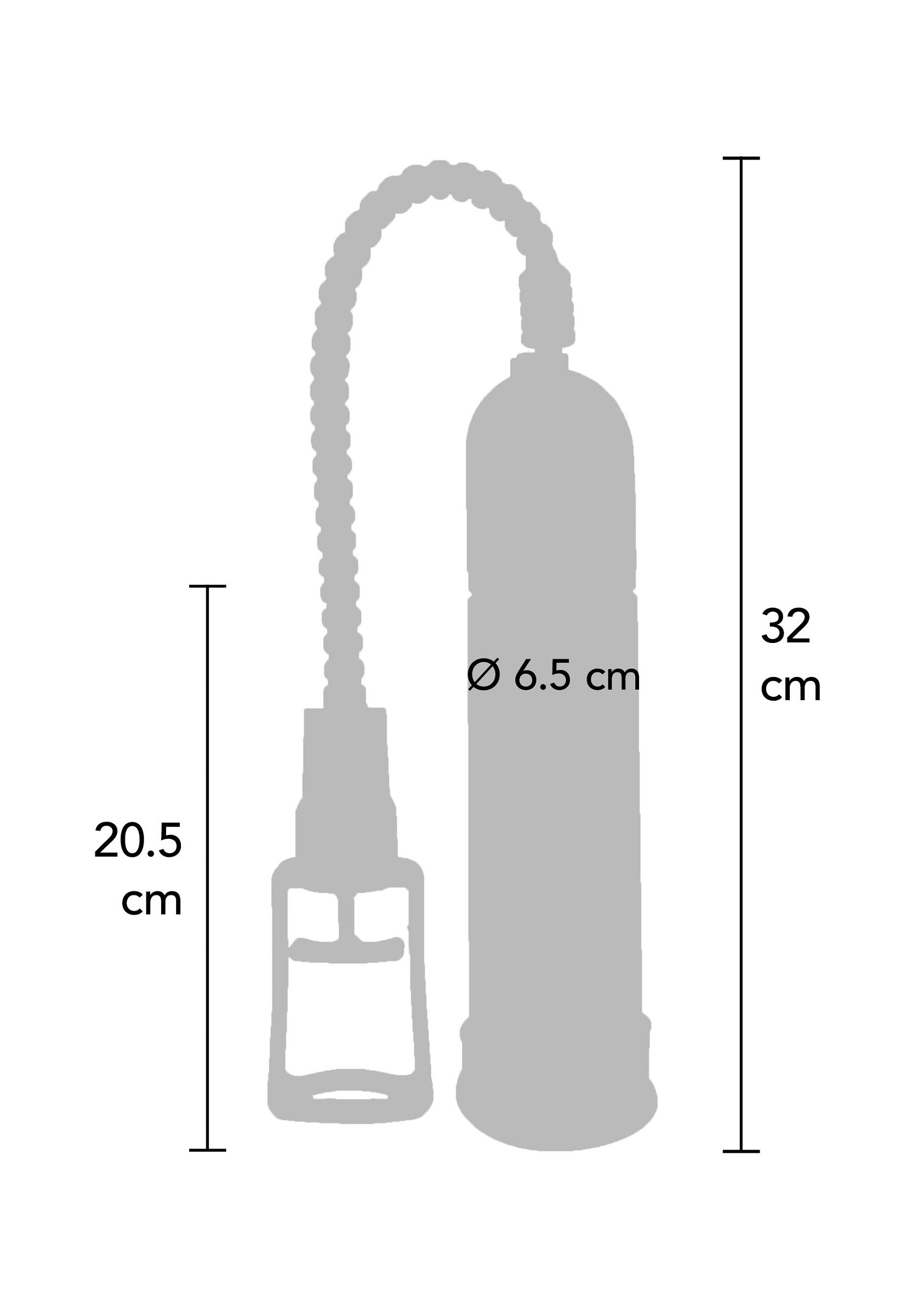 Schéma d'une pompe pénienne avec dimensions indiquées (20,5 cm et 32 cm de hauteur, 6,5 cm de diamètre); Diagram van een penis pomp met afmetingen (20,5 cm en 32 cm hoog, 6,5 cm in diameter); Diagram of a penis pump with dimensions shown (20.5 cm and 32 cm tall, 6.5 cm in diameter)