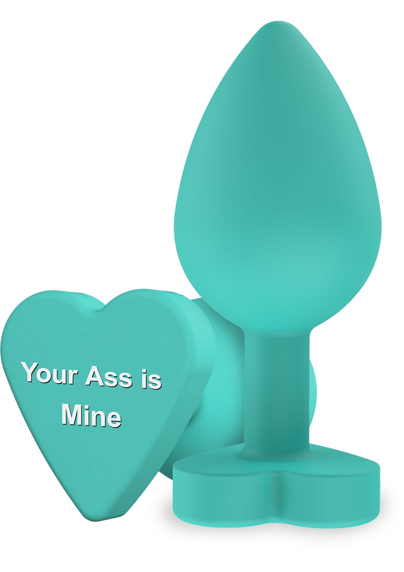 Plug anal turquoise avec motif coeur "Your Ass is Mine" pour le plaisir intime et l'exploration sexuelle.; Turquoise buttplug met hartmotief "Your Ass is Mine" voor intiem plezier en seksuele exploratie.; Teal butt plug with 'Your Ass is Mine' heart. Adult toy for intimate pleasure and sexual exploration.