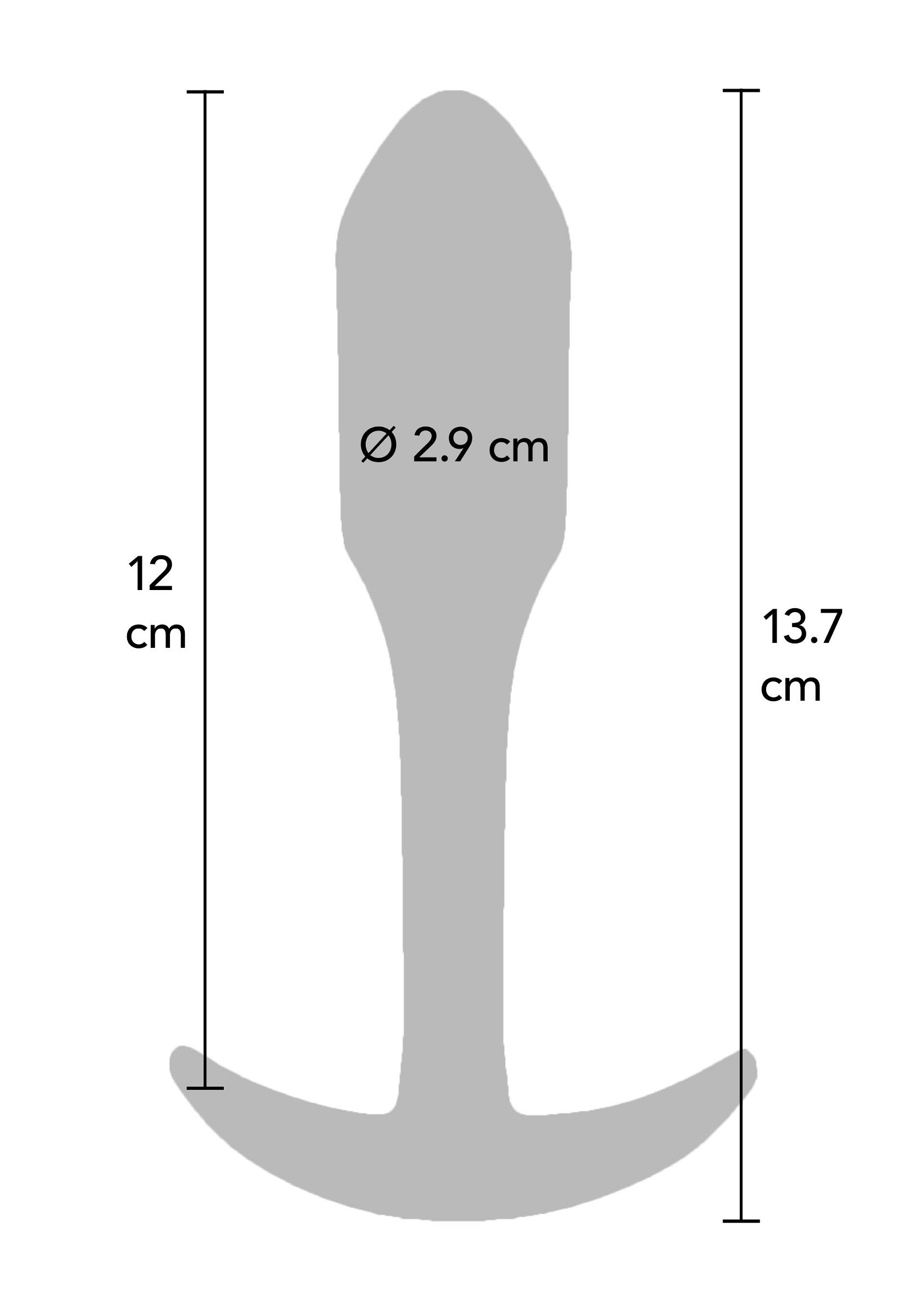Diagramme d'un plug anal avec dimensions: 12 cm (longueur totale), 13.7 cm (base), 2.9 cm (diamètre).; Diagram van een anale plug met afmetingen: 12 cm (totale lengte), 13.7 cm (basis), 2.9 cm (diameter).; Diagram of an anal plug with dimensions: 12 cm (total length), 13.7 cm (base), 2.9 cm (diameter).