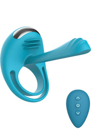 Anneau vibrant bleu turquoise avec télécommande. Pour des moments intenses de plaisir !; Turquoise vibrerende ring met afstandsbediening. Voor intense momenten van plezier!; Teal vibrating cock ring with remote. For intense moments of pleasure!