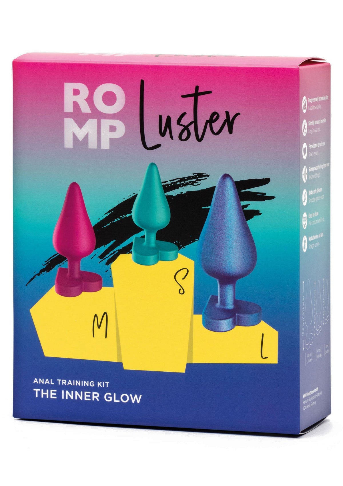 Kit d'entraînement anal Romp Luster 'The Inner Glow' avec trois tailles de plugs différents pour débutants.; Romp Luster 'The Inner Glow' anale training kit met drie maten plugs voor beginners.; Romp Luster 'The Inner Glow' anal training kit with three sizes of plugs for beginners.