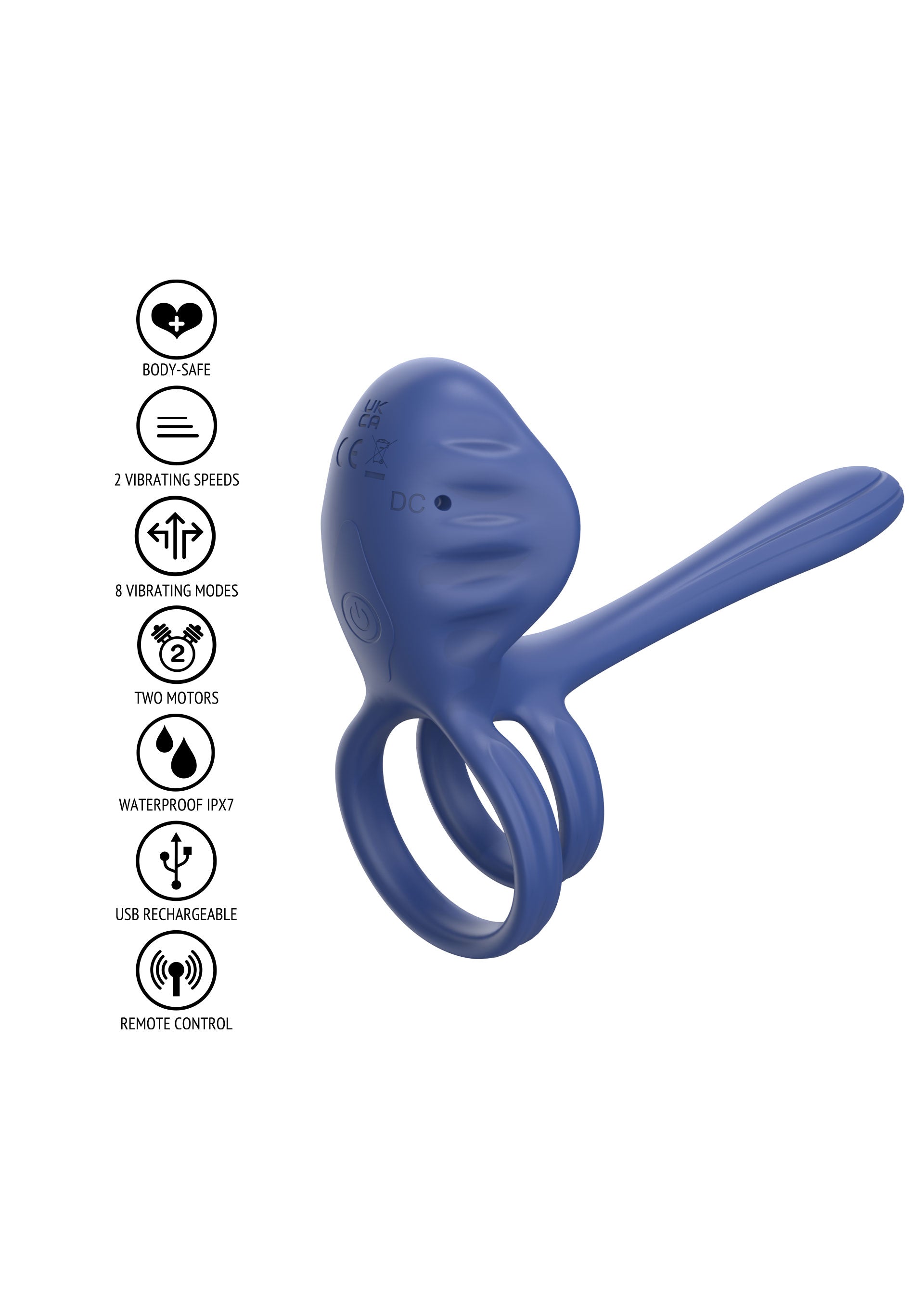 Anneau vibrant bleu avec télécommande. Waterproof et rechargeable par USB.; Blauwe vibrerende penisring met afstandsbediening. Waterdicht & USB oplaadbaar.; Blue vibrating cock ring with remote control. Waterproof & USB rechargeable.