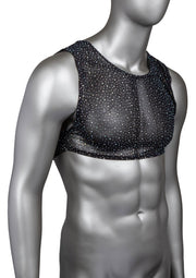 Haut court résille noir à pois pour homme. Sexy et tendance !; Zwarte crop top van mesh met stippen voor heren. Sexy en trendy!; Men's black dotted mesh crop top. Sexy and trendy!