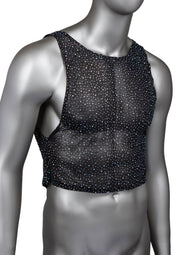 Débardeur transparent noir à pois brillants pour homme. Tenue de soirée, club, festival.; Zwarte, transparante tanktop voor heren met glitters. Perfect voor feestjes, clubs of festivals.; Men's black sheer tank top with glitter dots. Perfect for party, club, or festival outfits.