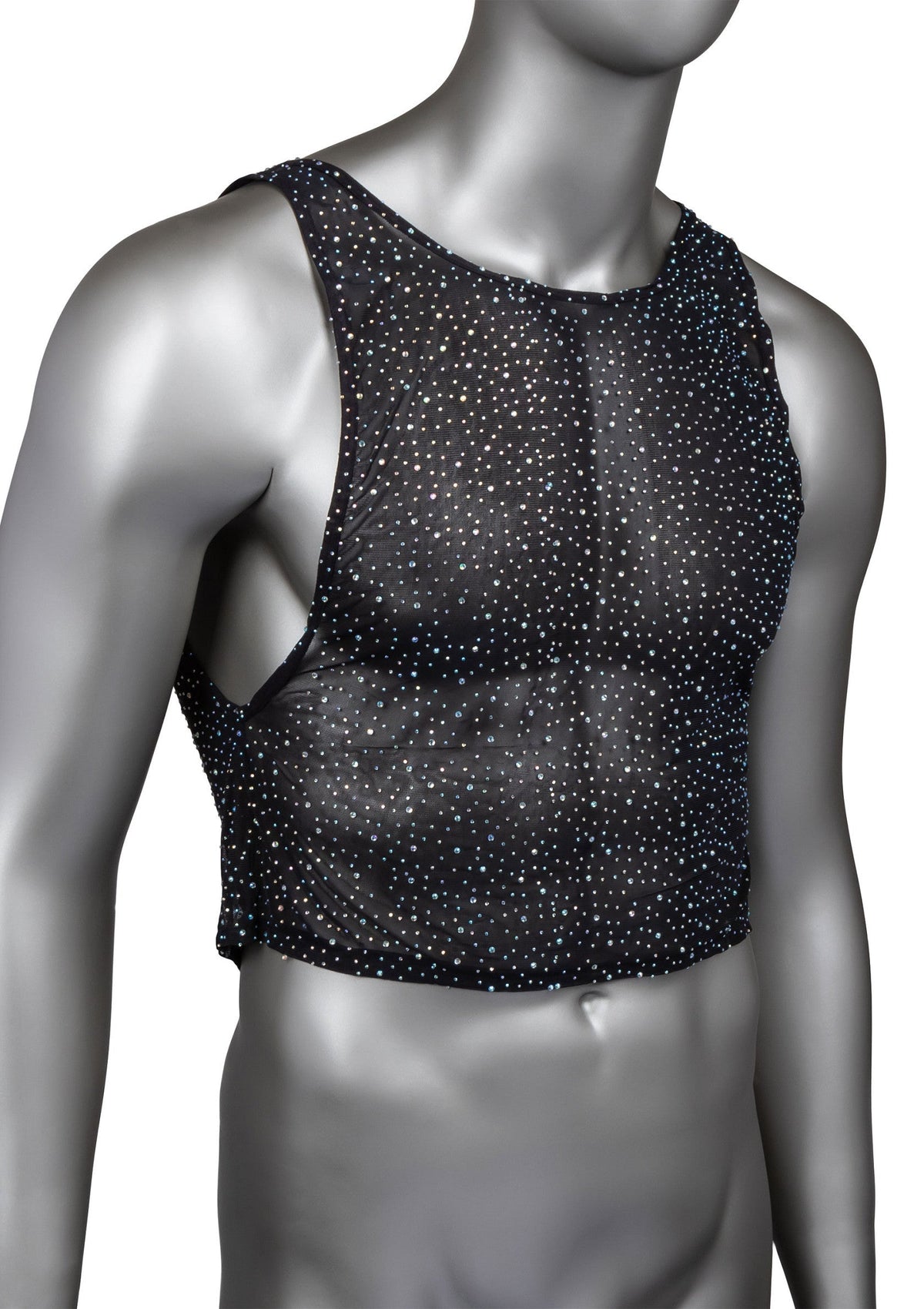 Débardeur transparent noir à pois brillants pour homme. Tenue de soirée, club, festival.; Zwarte, transparante tanktop voor heren met glitters. Perfect voor feestjes, clubs of festivals.; Men's black sheer tank top with glitter dots. Perfect for party, club, or festival outfits.