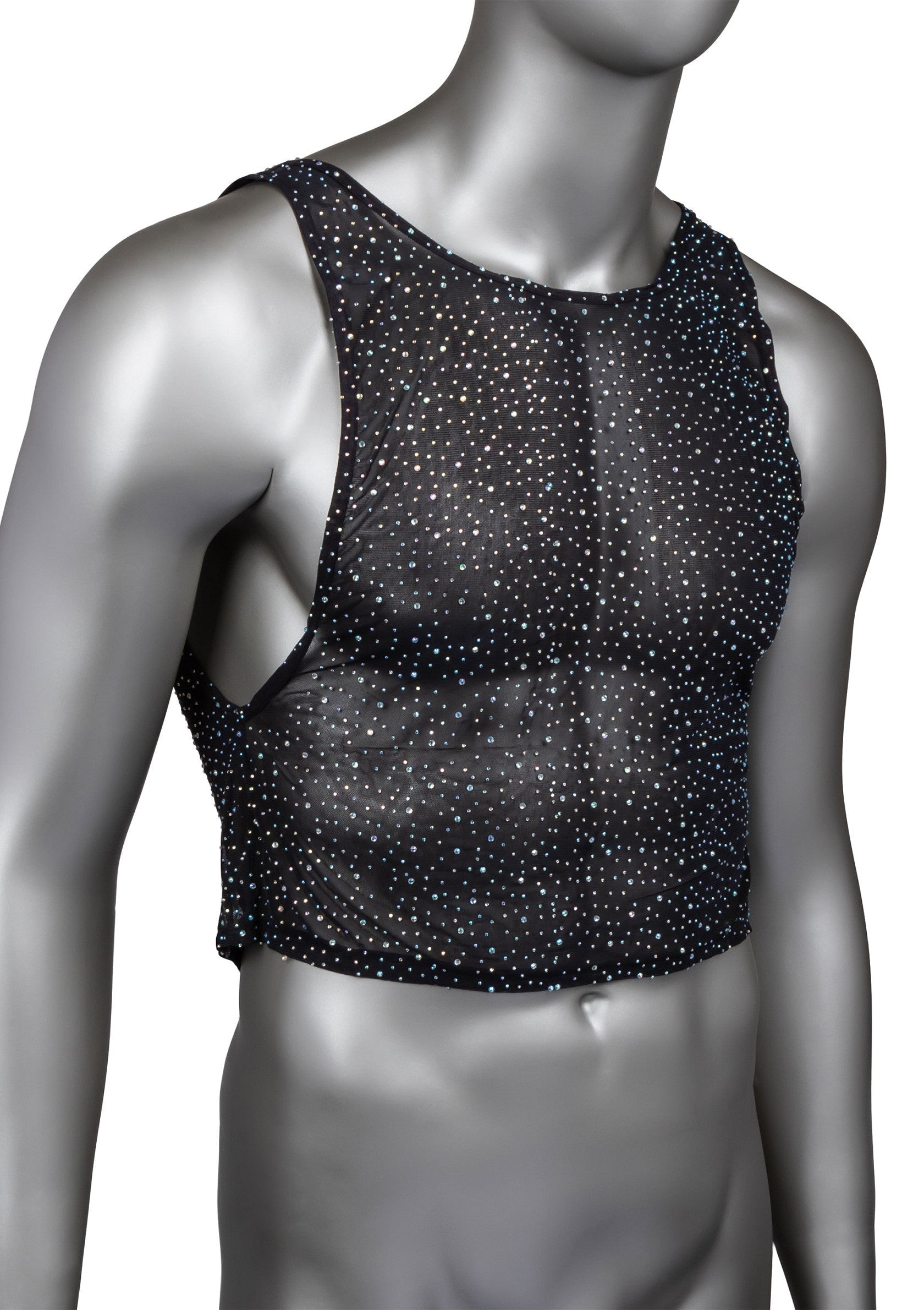 Débardeur transparent noir à pois brillants pour homme. Tenue de soirée, club, festival.; Zwarte, transparante tanktop voor heren met glitters. Perfect voor feestjes, clubs of festivals.; Men's black sheer tank top with glitter dots. Perfect for party, club, or festival outfits.