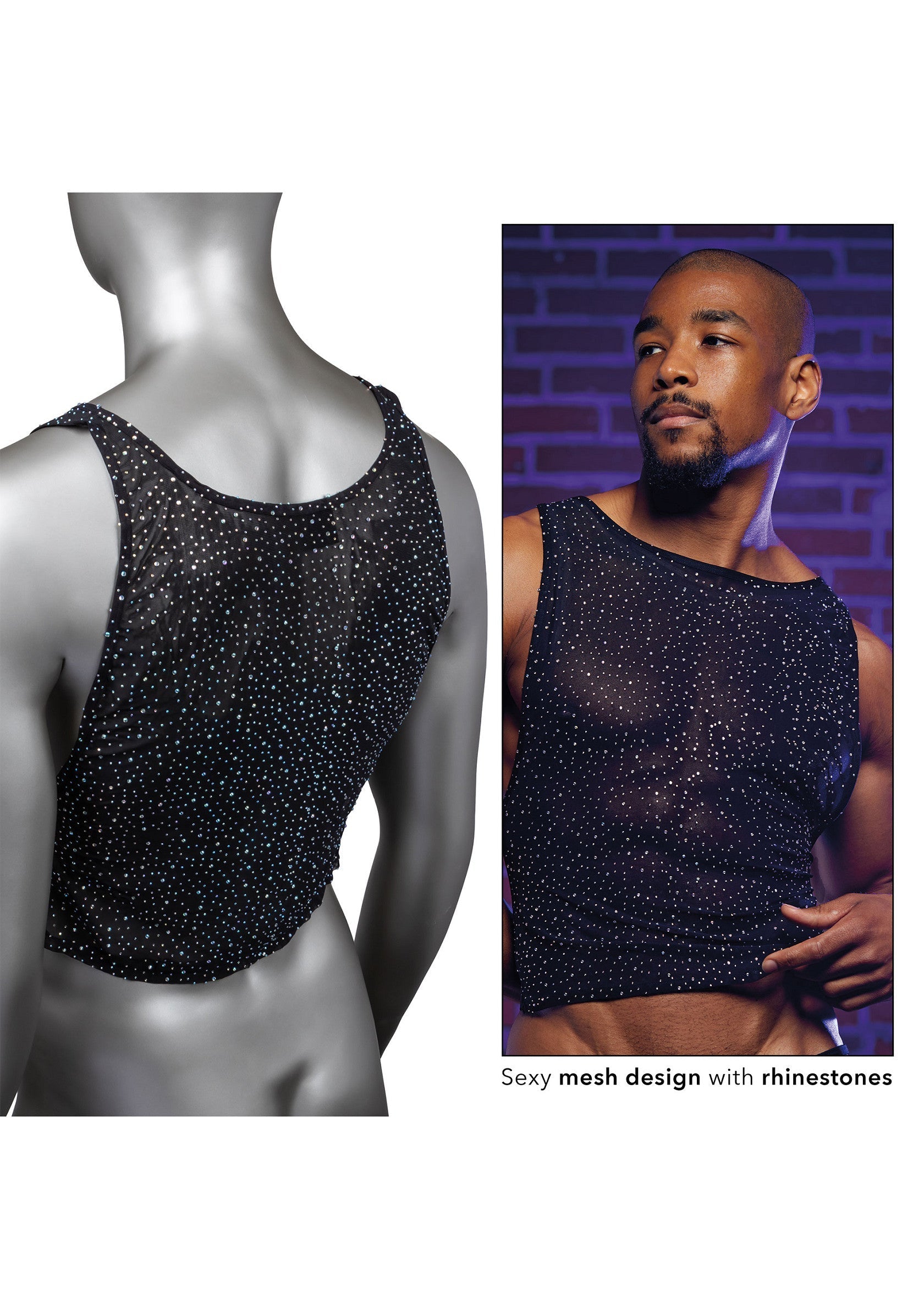 Débardeur en maille sexy avec strass pour homme, idéal pour les soirées et les occasions spéciales.; Sexy mesh hemdje met strass steentjes voor heren, perfect voor feestjes en speciale gelegenheden.; Sexy men's mesh tank top with rhinestones, perfect for parties and special occasions.