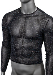 Haut transparent à manches longues, noir et scintillant pour homme. Parfait pour les soirées et festivals.; Zwarte, glitterende, doorschijnende top met lange mouwen voor heren. Perfect voor avonden en festivals.; Black, sparkly, sheer long-sleeved top for men. Perfect for evenings out and festivals.