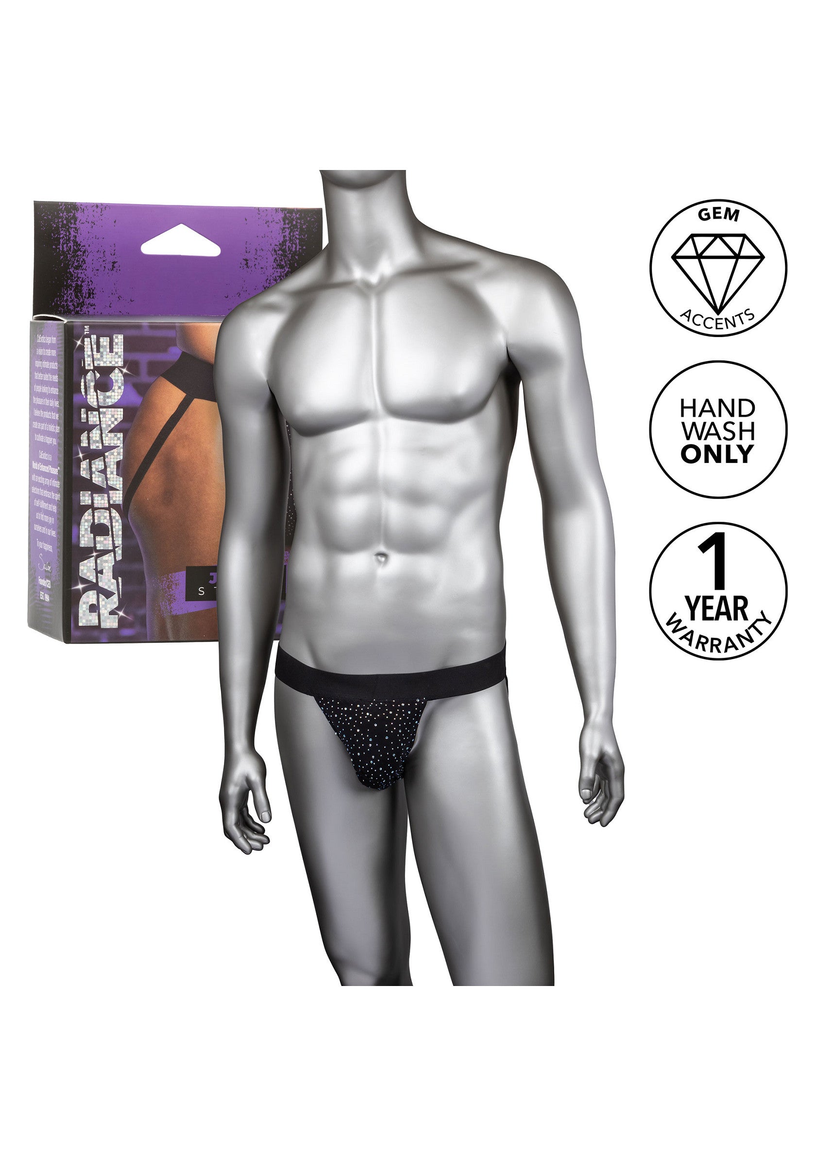 String pour homme noir avec accents de gemmes. Lavage à la main seulement et garantie d'un an.; Zwarte herenstring met edelsteenaccenten. Alleen handwas en 1 jaar garantie.; Black men's thong with gem accents. Hand wash only and 1-year warranty.