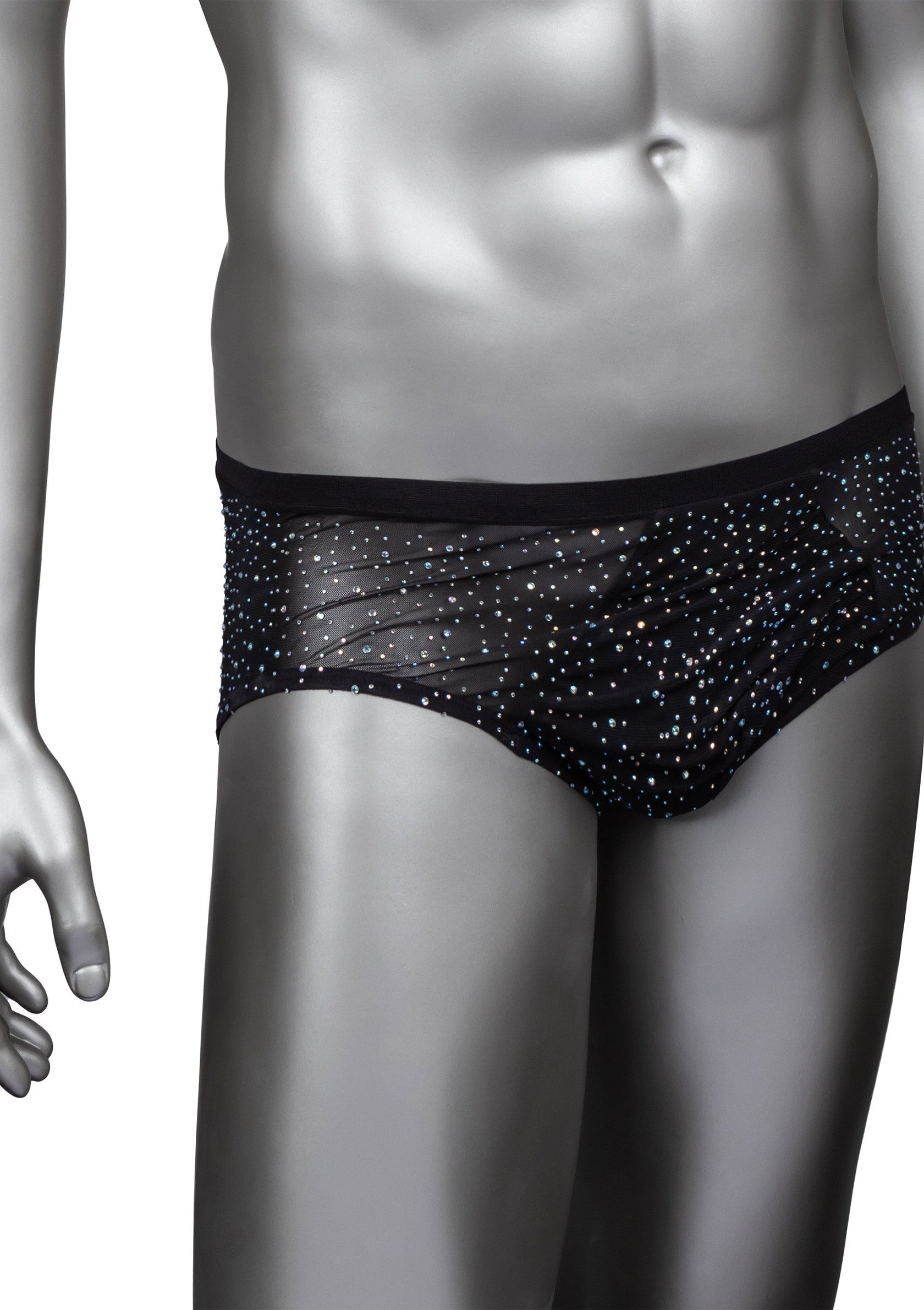 Slip pour homme noir orné d'éclats scintillants pour un look audacieux et élégant.; Zwarte heren slip met glinsterende details voor een gedurfde en stijlvolle look.; Black men's brief adorned with glittering sparkles for a bold and stylish look.