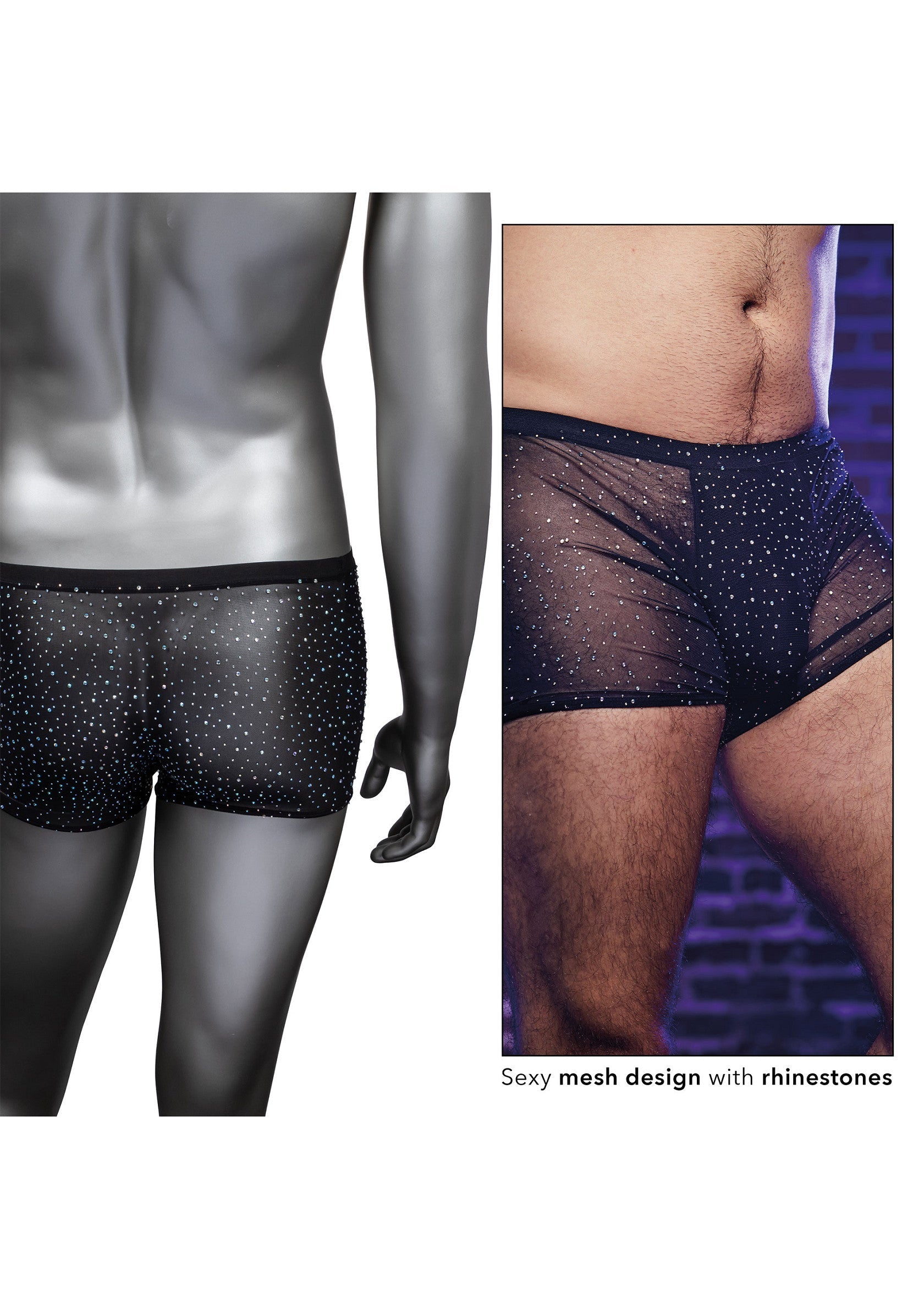 Boxer en maille transparent sexy orné de strass. Lingerie audacieuse et élégante pour hommes.; Sexy transparante mesh boxershorts met strass steentjes. Gedurfde en stijlvolle herenlingerie.; Sexy sheer mesh boxer briefs with rhinestones. Bold and stylish men's lingerie.
