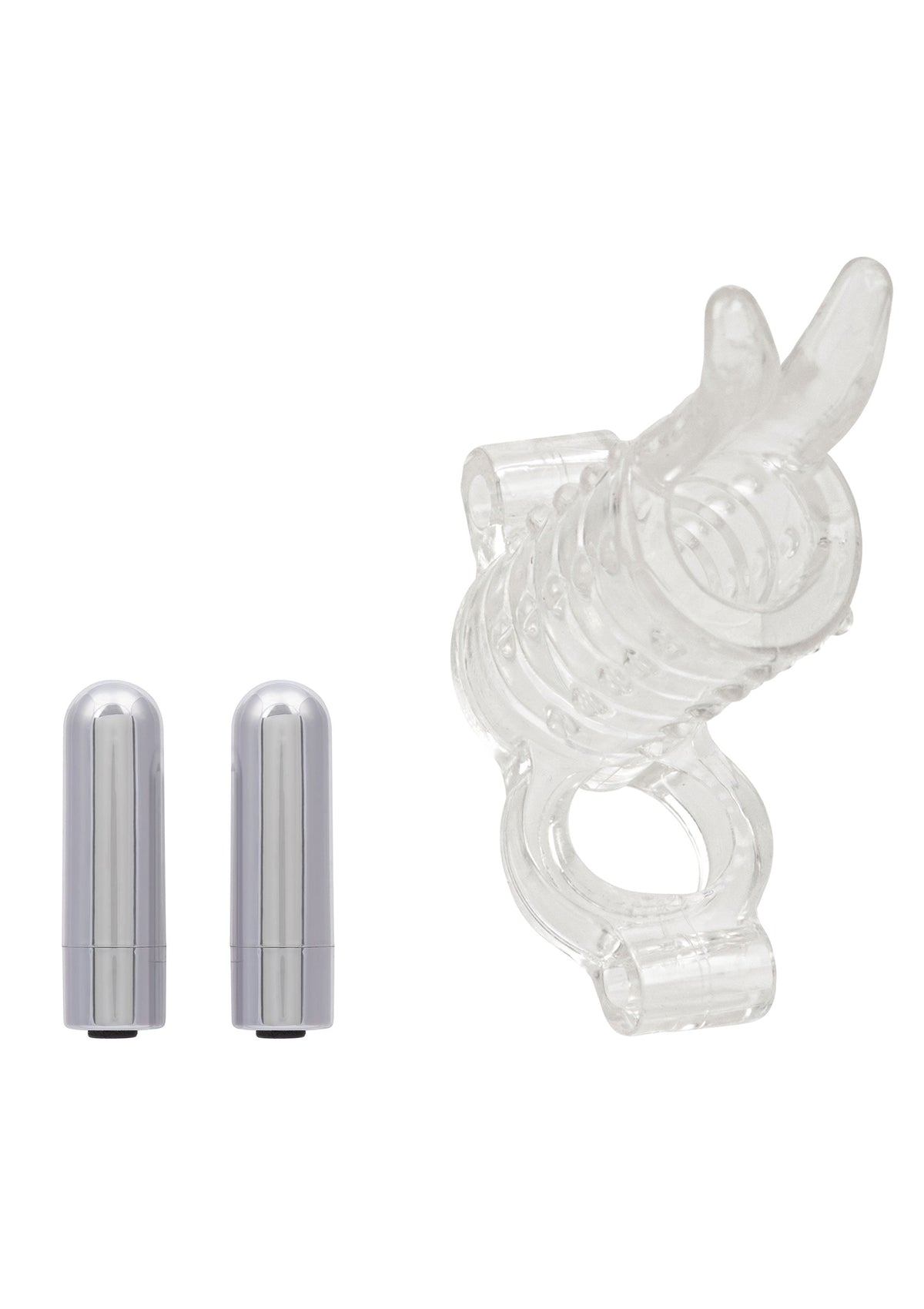 Ensemble vibrant pour couples, avec un anneau pénien texturé et deux mini-vibrateurs métalliques.; Vibrerende set voor koppels, met een getextureerde penisring en twee mini metalen vibrators.; Vibrating couple's set, featuring a textured cock ring and two mini metal vibrators.