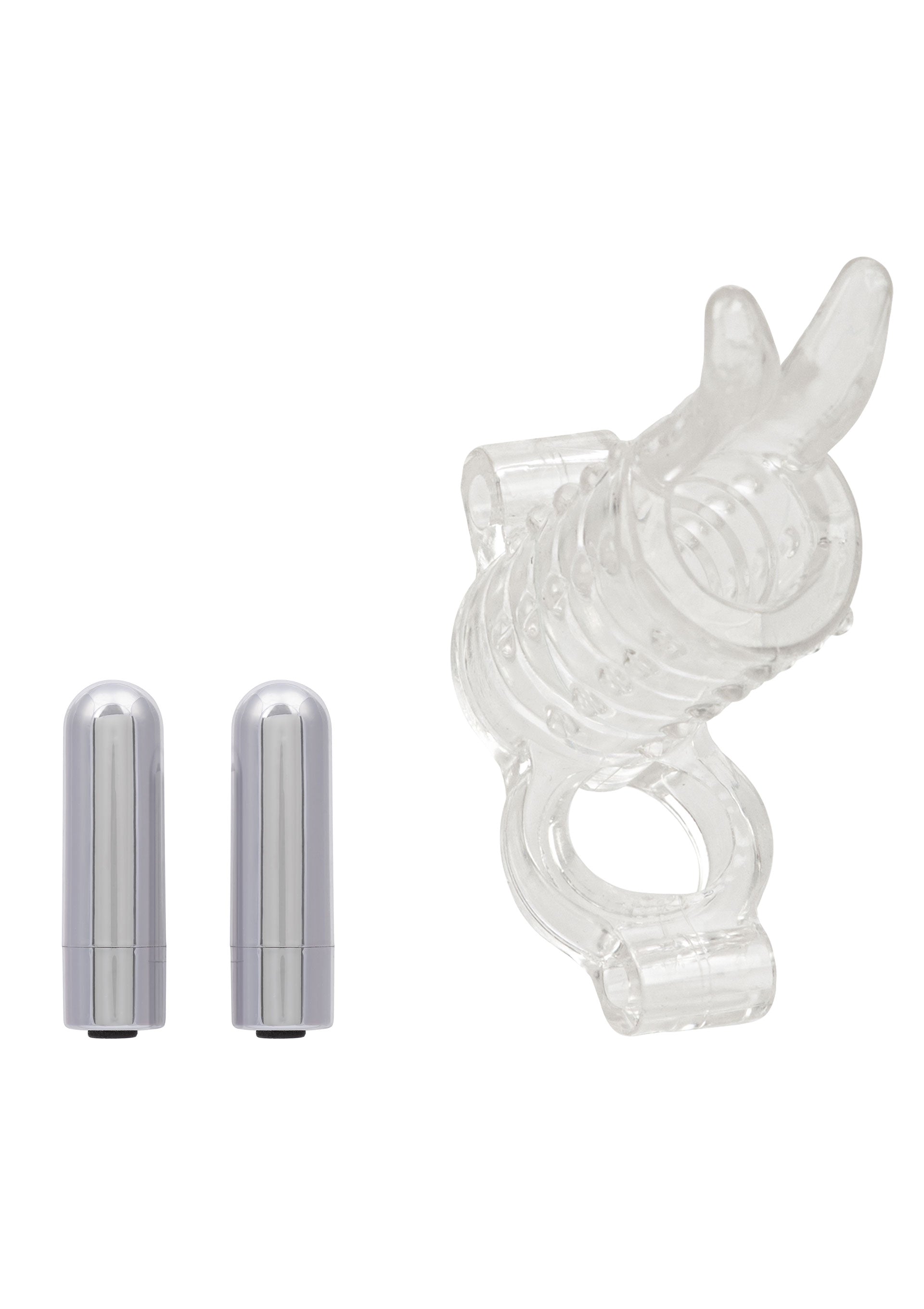 Ensemble vibrant pour couples, avec un anneau pénien texturé et deux mini-vibrateurs métalliques.; Vibrerende set voor koppels, met een getextureerde penisring en twee mini metalen vibrators.; Vibrating couple's set, featuring a textured cock ring and two mini metal vibrators.