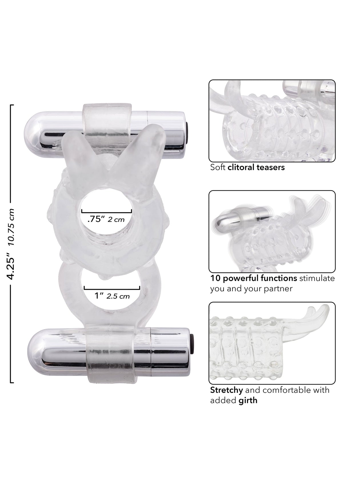 Anneau pénien vibrant avec stimulateur clitoridien pour des sensations intenses et partagées. Confortable et extensible.; Vibrerende penisring met clitorisstimulator voor intense, gedeelde sensaties. Comfortabel en rekbaar.; Vibrating cock ring with clitoral stimulator for intense, shared sensations. Stretchy & comfortable fit.