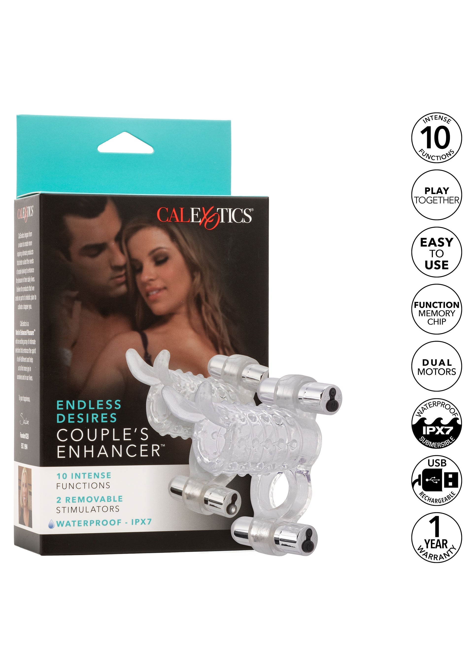 Couple's Enhancer CalExotics, vibromasseur pour couple avec 10 fonctions et 2 stimulateurs amovibles. Étanche IPX7.; CalExotics Couple's Enhancer, vibrator voor koppels met 10 functies en 2 verwijderbare stimulators. Waterdicht IPX7.; CalExotics Couple's Enhancer, couples vibrator with 10 functions and 2 removable stimulators. Waterproof IPX7.