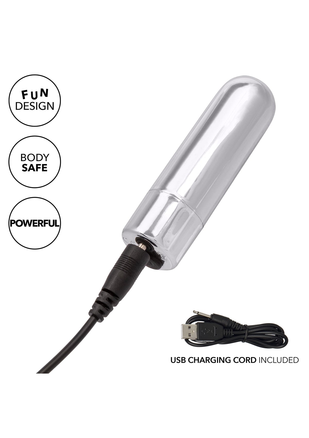 Mini vibrateur argenté rechargeable par USB. Design fun, sûr pour le corps et puissant.; Mini zilveren vibrator, oplaadbaar via USB. Leuk ontwerp, veilig voor het lichaam en krachtig.; Mini silver vibrator, USB rechargeable. Fun design, body safe, and powerful.
