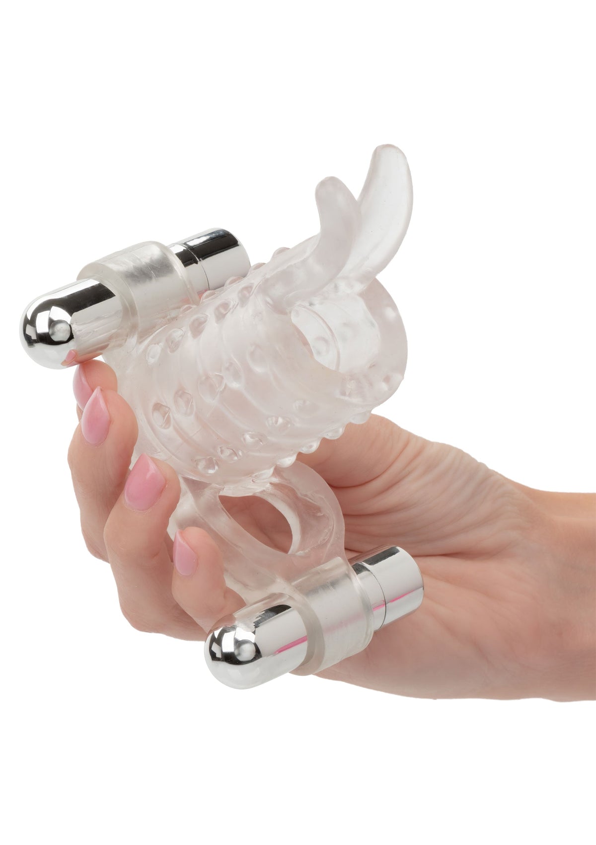 Anneau pénien vibrant transparent à deux balles pour des sensations intenses et un plaisir partagé.; Transparante vibrerende penisring met twee balletjes voor intense sensaties en gedeeld plezier.; Clear vibrating cock ring with dual bullets for intense sensations and shared pleasure.