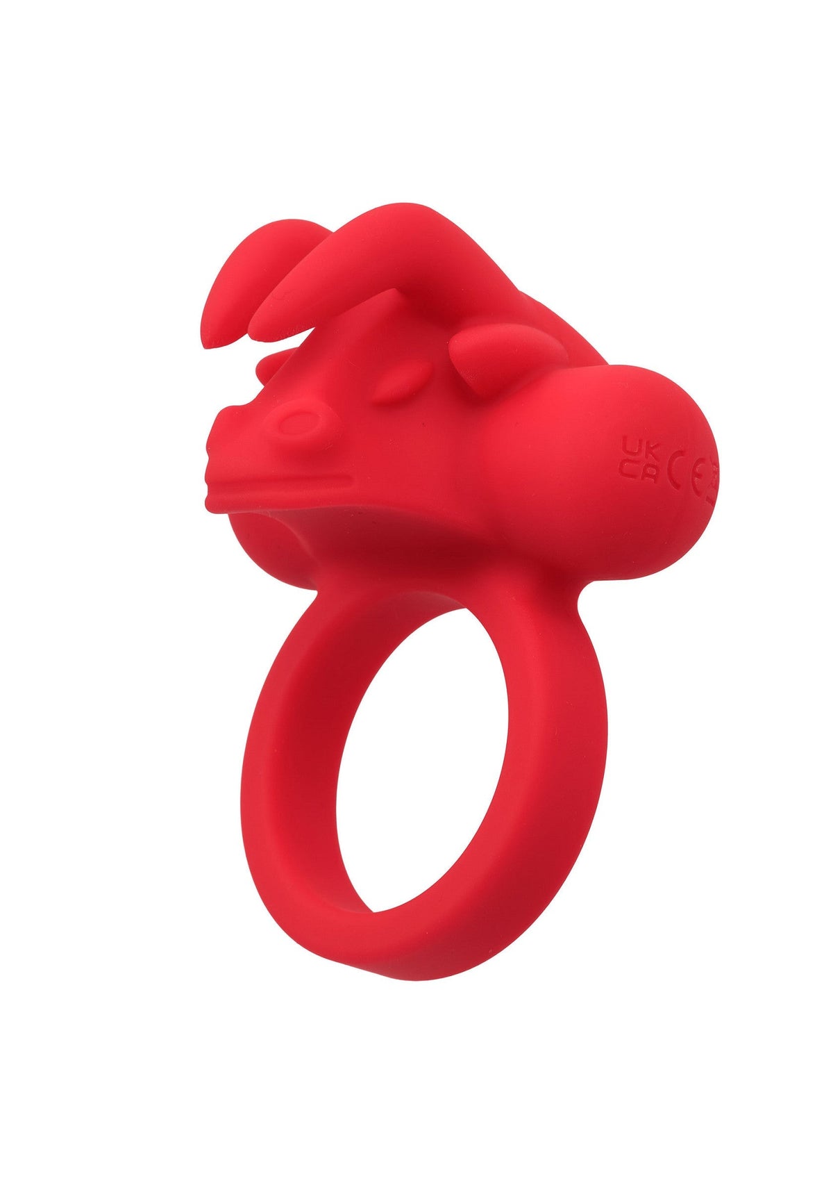 Anneau vibrant coq rouge avec un design amusant de dragon.; Rode vibrerende penisring met een grappig drakenontwerp.; Red vibrating cock ring with a fun dragon design.