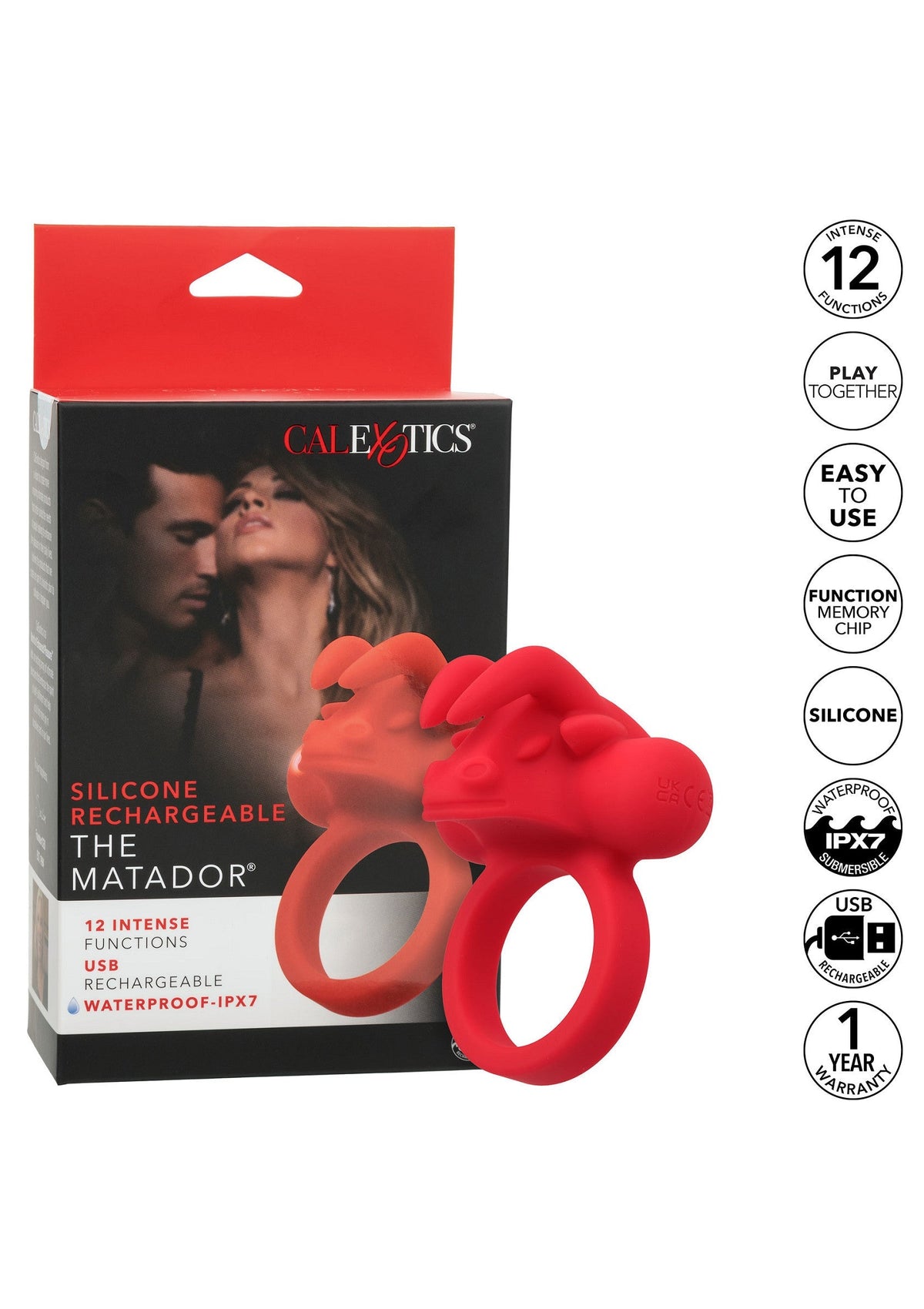 CalExotics The Matador, anneau vibrant rechargeable en silicone avec 12 fonctions. Waterproof et facile à utiliser.; CalExotics The Matador, oplaadbare siliconen vibrerende ring met 12 functies. Waterdicht en makkelijk te gebruiken.; CalExotics The Matador, rechargeable silicone vibrating cock ring with 12 functions. Waterproof and easy to use.