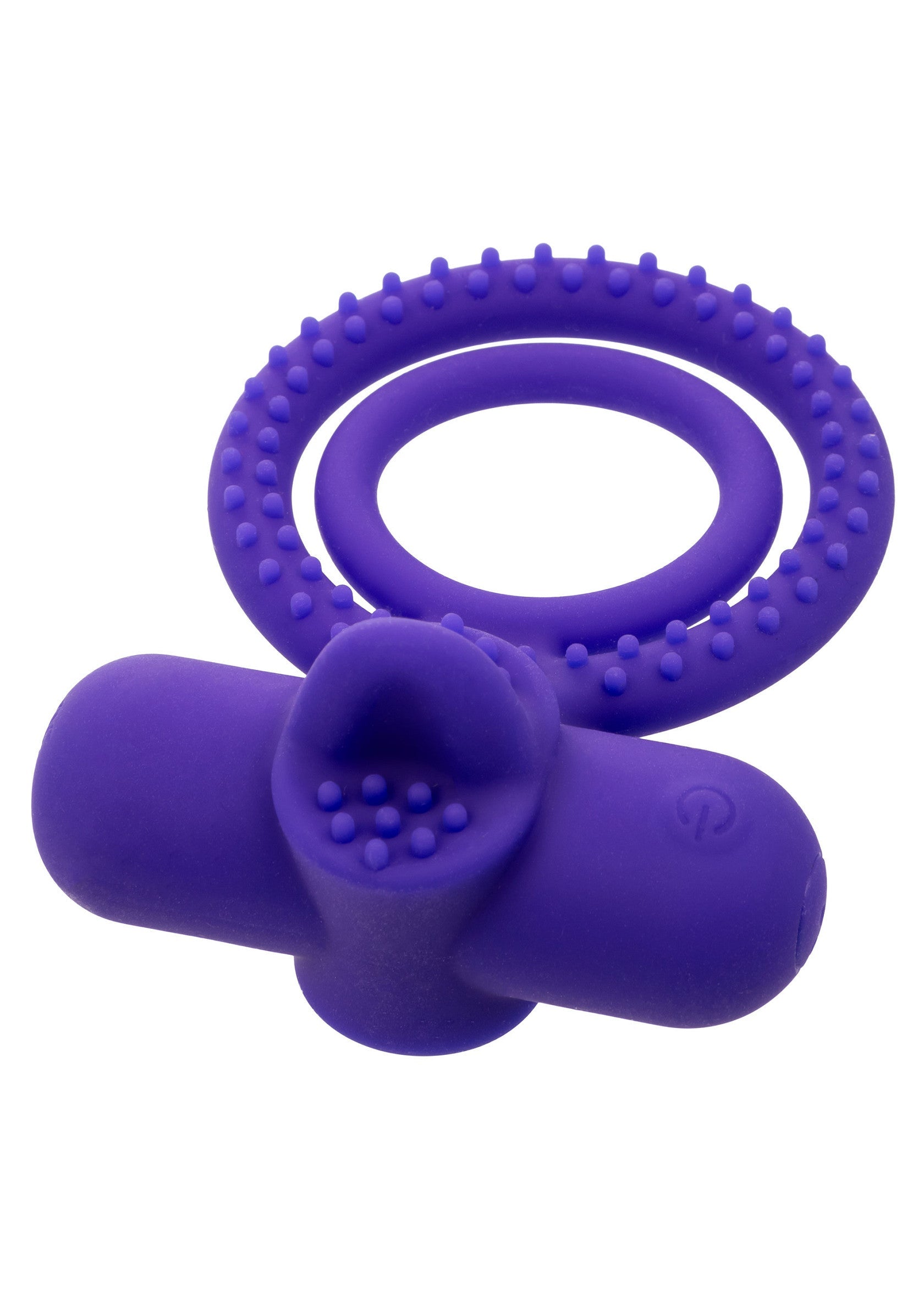 Anneau vibrant violet avec stimulateur clitoridien, idéal pour pimenter vos moments intimes.; Paarse vibrerende ring met clitorisstimulator, perfect om uw intieme momenten op te fleuren.; Purple vibrating cock ring with clit stimulator, perfect for spicing up your intimate moments.