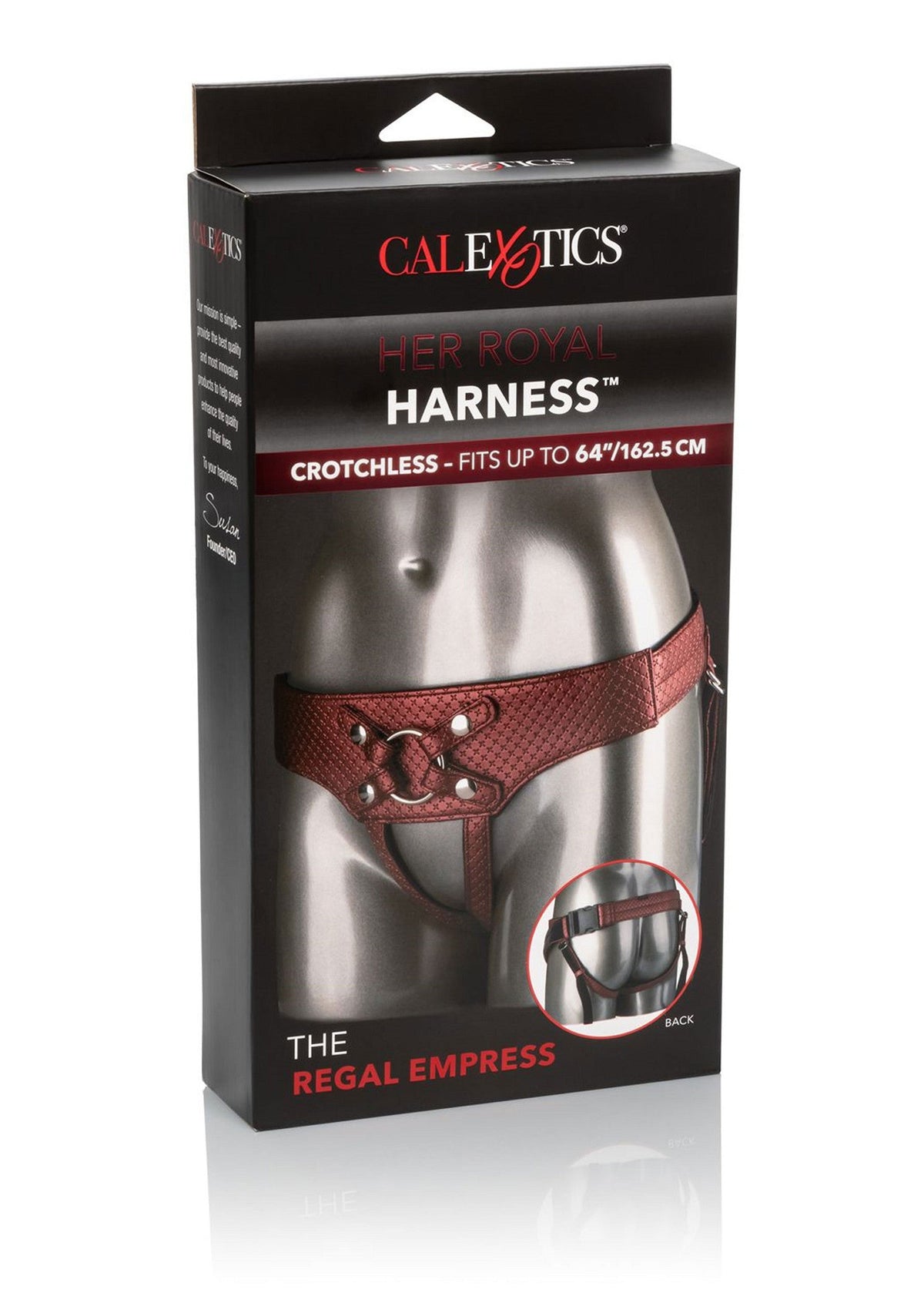 Harnais "Her Royal Harness" de CalExotics. Harnais crotchless, convient jusqu'à 162,5 cm. Lingerie érotique pour femmes.; CalExotics "Her Royal Harness". Crotchless harnas, geschikt tot 162,5 cm. Erotische lingerie voor dames.; CalExotics "Her Royal Harness". Crotchless harness, fits up to 64"/162.5 cm. Erotic lingerie for women.