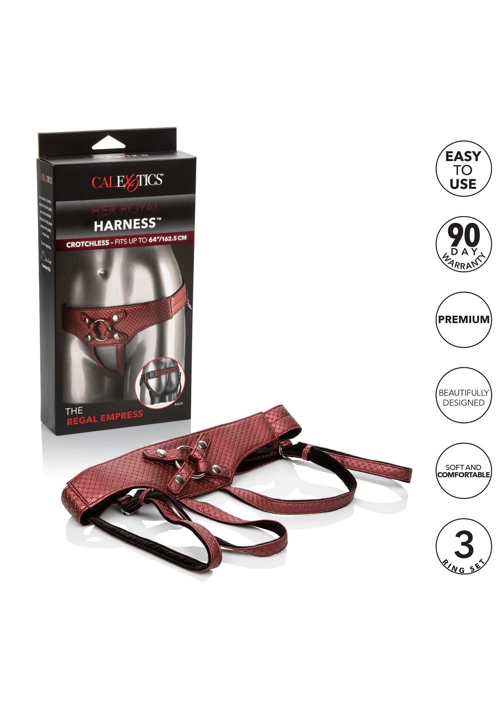 Harnais CalExotics Regal Empress, crotchless et ajustable jusqu'à 44/112cm. Facile à utiliser, design premium et confortable.; CalExotics Regal Empress harnas, kruisloos & verstelbaar tot 44/112cm. Gemakkelijk in gebruik, premium design & comfortabel.; CalExotics Regal Empress harness, crotchless & fits up to 44/112cm. Easy to use, premium design & comfortable.