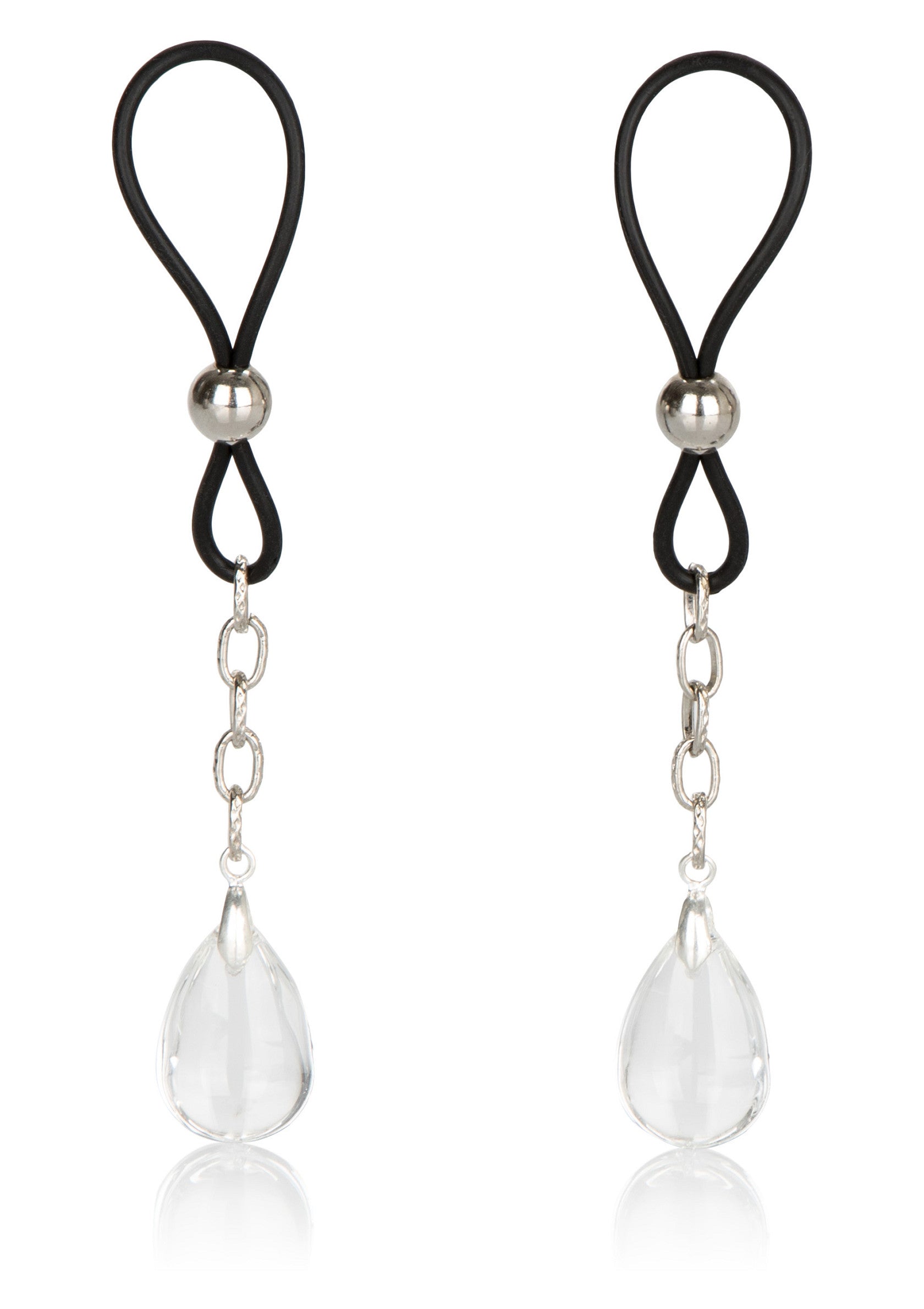 Pince-tétons avec pendentif goutte d'eau transparente pour un look séduisant et élégant. Accessoire de lingerie.; Tepelklemmen met transparante waterdruppel hanger voor een verleidelijke en elegante look. Lingerie accessoire.; Nipple clamps featuring a transparent teardrop pendant for a seductive and elegant look. Lingerie accessory.