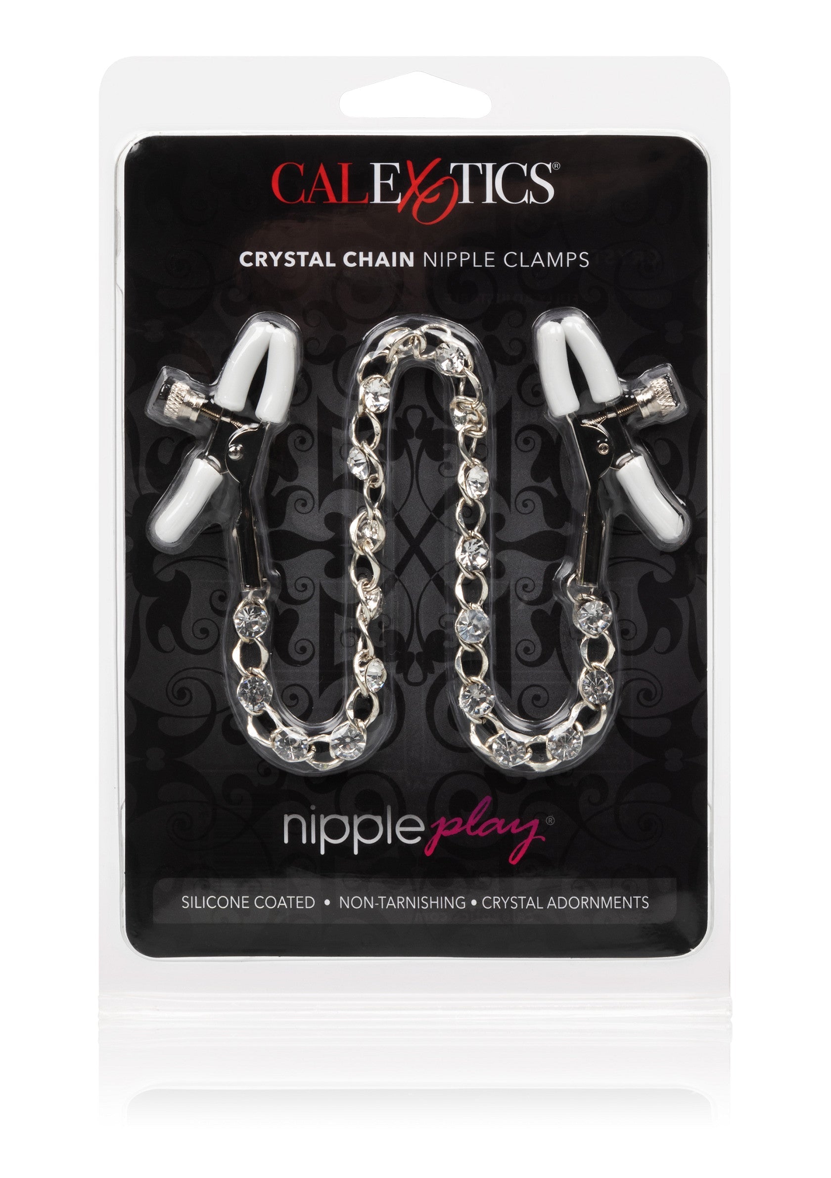 Pinces à tétons Calexotics Crystal Chain, pour un jeu de séduction étincelant et sensuel.; Calexotics Crystal Chain tepelklemmen, voor een sprankelend en sensueel verleidingsspel.; Calexotics Crystal Chain nipple clamps, for a sparkling and sensual seduction game.