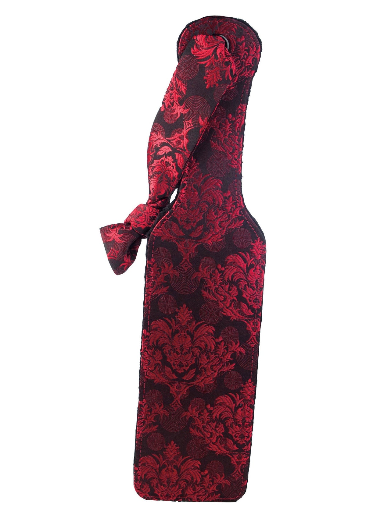 Palette à fesser rembourrée rouge et noire à motifs damassés.; Gepolsterde paddle in rood en zwart damastpatroon.; Red and black padded paddle with damask pattern.