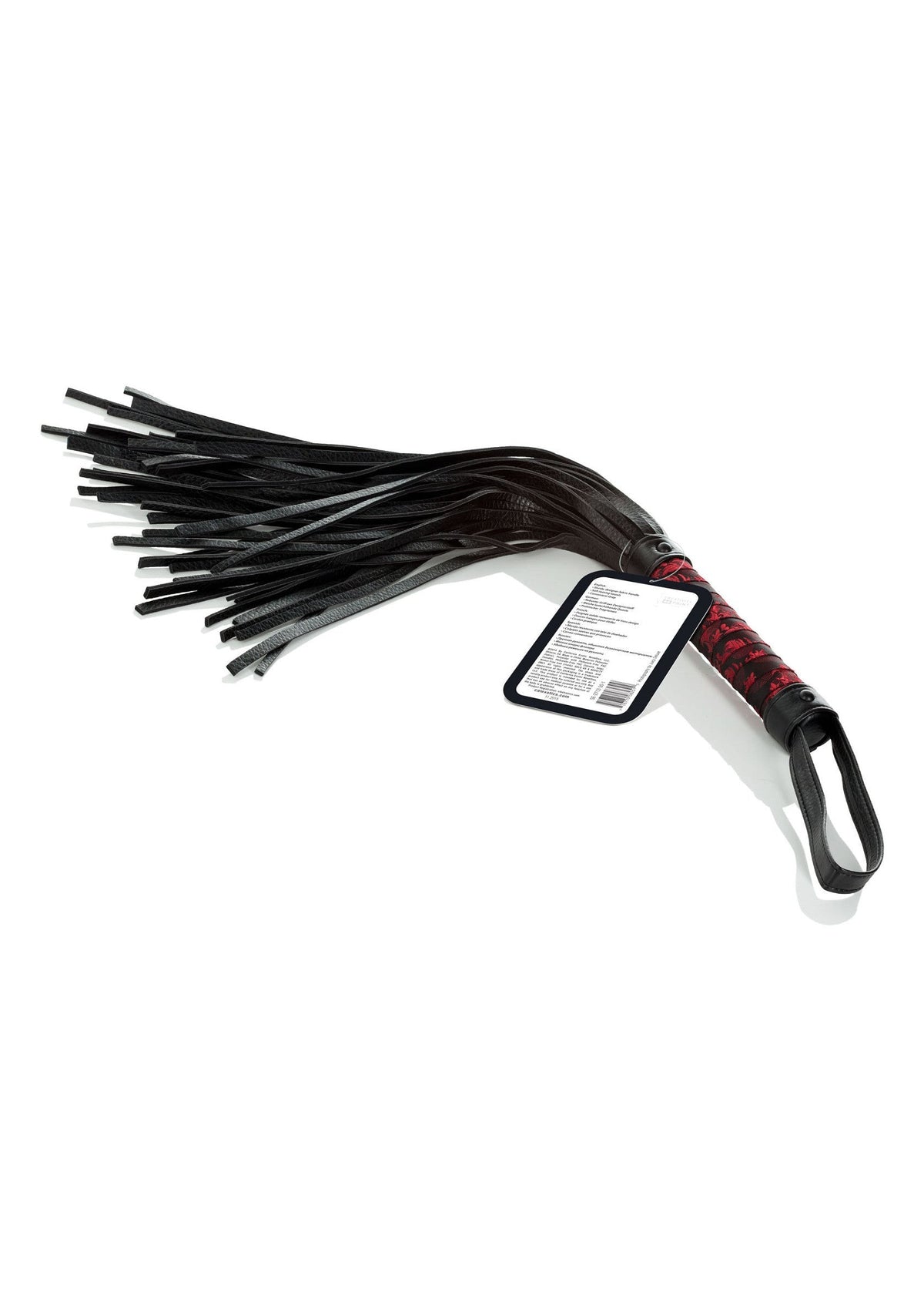 Cravache noire et rouge pour jeux coquins. Accessoire de plaisir pour adultes.; Zwarte en rode zweep voor stout spel. Plezier accessoire voor volwassenen.; Black and red flogger for kinky play. Adult pleasure accessory.