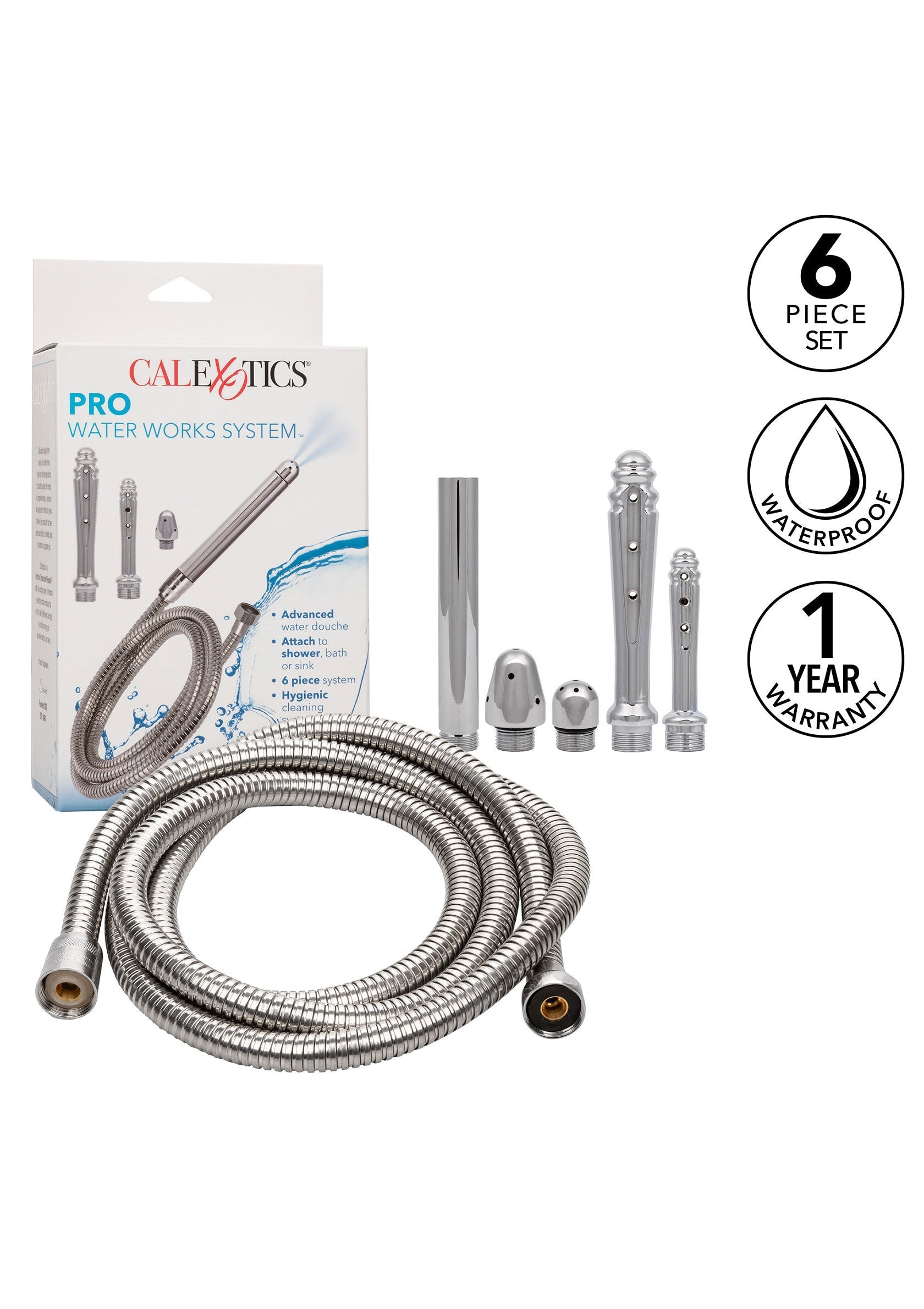 Système de douche hygiénique Calexotics Pro Water Works. Kit 6 pièces, étanche et garanti 1 an.; Calexotics Pro Water Works hygienische douche systeem. 6-delige set, waterdicht en 1 jaar garantie.; Calexotics Pro Water Works hygienic douche system. 6-piece set, waterproof and 1-year warranty.