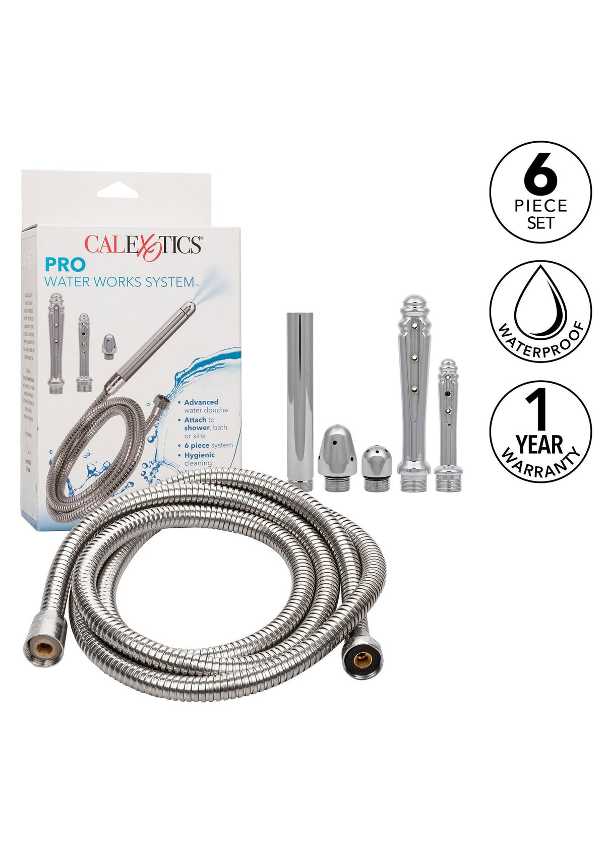 Système de douche hygiénique Calexotics Pro Water Works. Kit 6 pièces, étanche et garanti 1 an.; Calexotics Pro Water Works hygienische douche systeem. 6-delige set, waterdicht en 1 jaar garantie.; Calexotics Pro Water Works hygienic douche system. 6-piece set, waterproof and 1-year warranty.