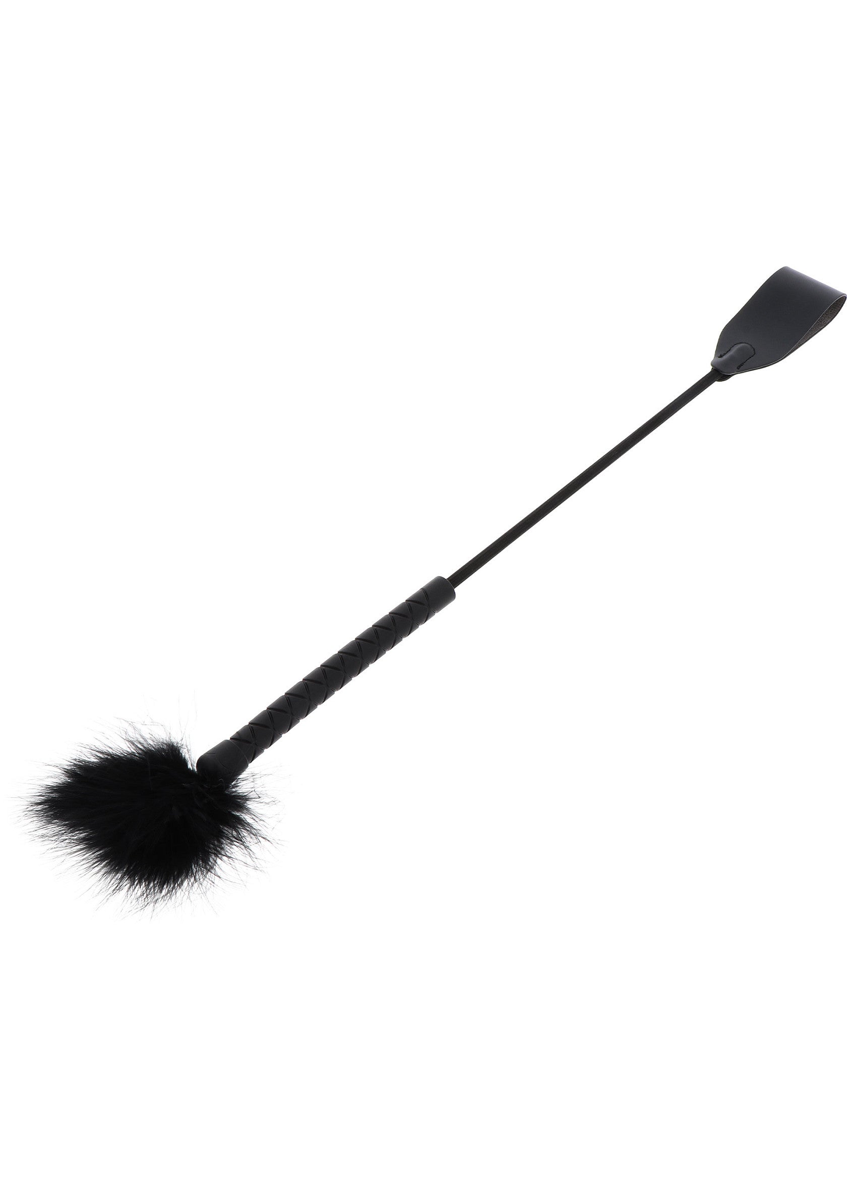Cravache noire avec plumeau pour jeux coquins, discipline et plaisir garanti. Accessoire érotique stimulant.; Zwarte zweep met pluim voor speelse spelletjes, discipline en gegarandeerd plezier. Stimulerend erotisch accessoire.; Black flogger with feather duster for playful games, discipline, and guaranteed pleasure. Stimulating erotic accessory.