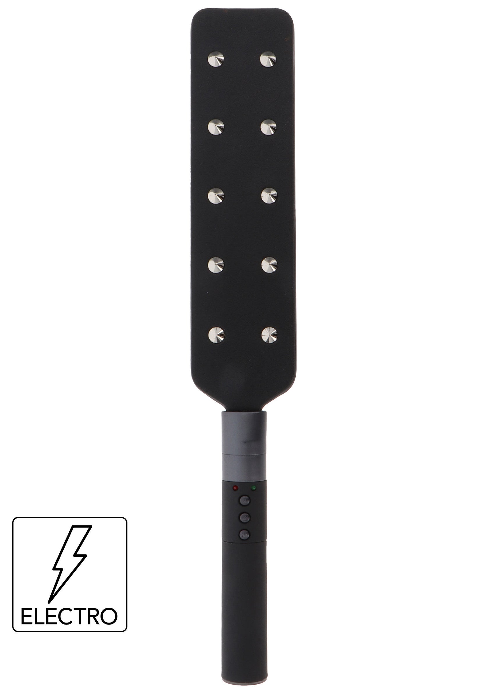 Palette électro-stimulante noire avec picots en métal pour une expérience sensorielle intense et unique.; Zwarte elektro-stimulerende paddle met metalen noppen voor een intense en unieke sensuele ervaring.; Black electro-stim paddle with metal studs for an intense and unique sensory experience.