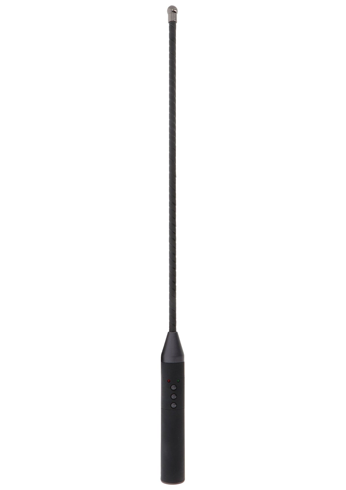Antenne noire avec des boutons pour la communication ou la réception de signaux.; Zwarte antenne met knoppen voor communicatie of signaalontvangst.; Black antenna with buttons for communication or signal reception.