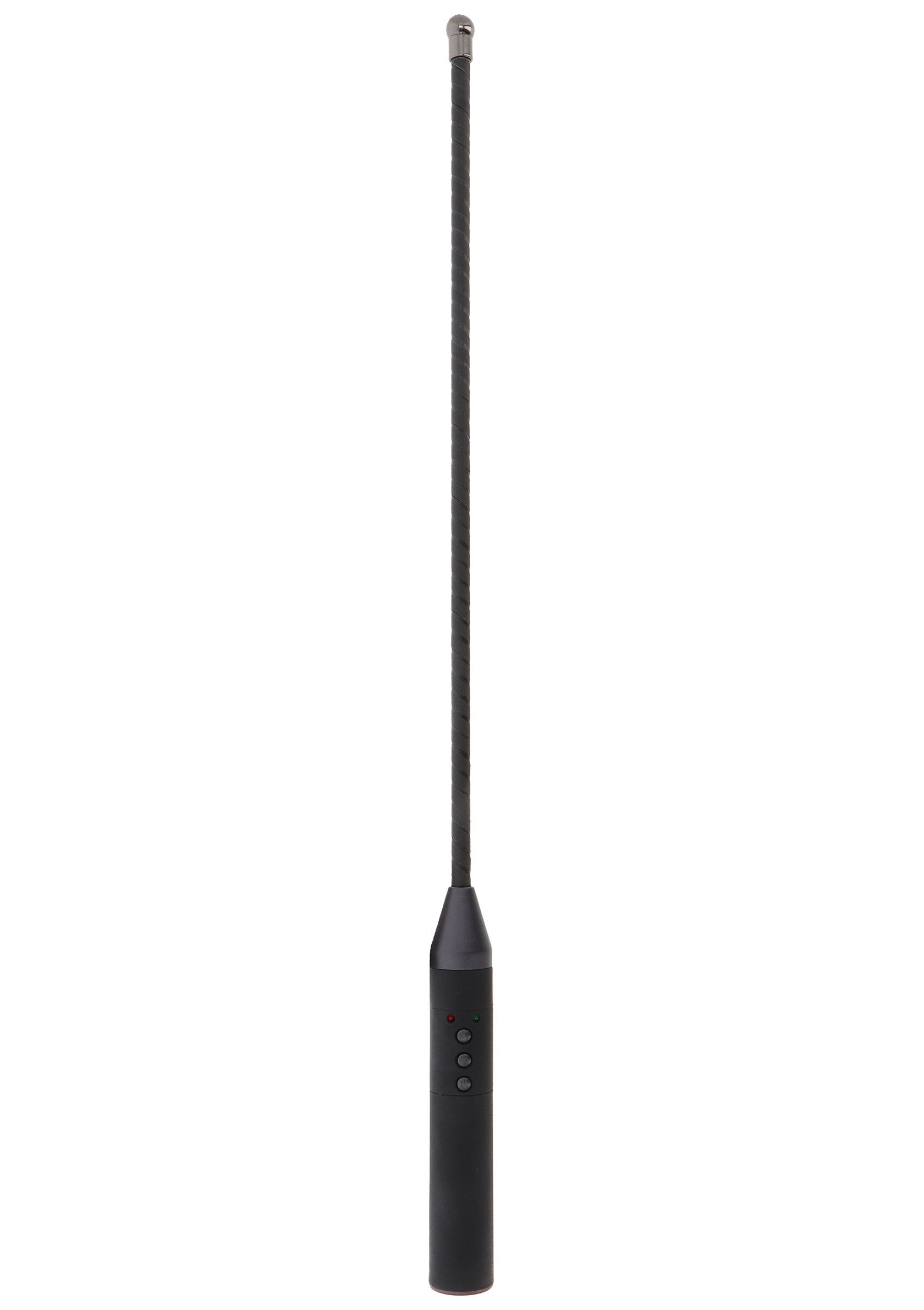 Antenne noire avec des boutons pour la communication ou la réception de signaux.; Zwarte antenne met knoppen voor communicatie of signaalontvangst.; Black antenna with buttons for communication or signal reception.