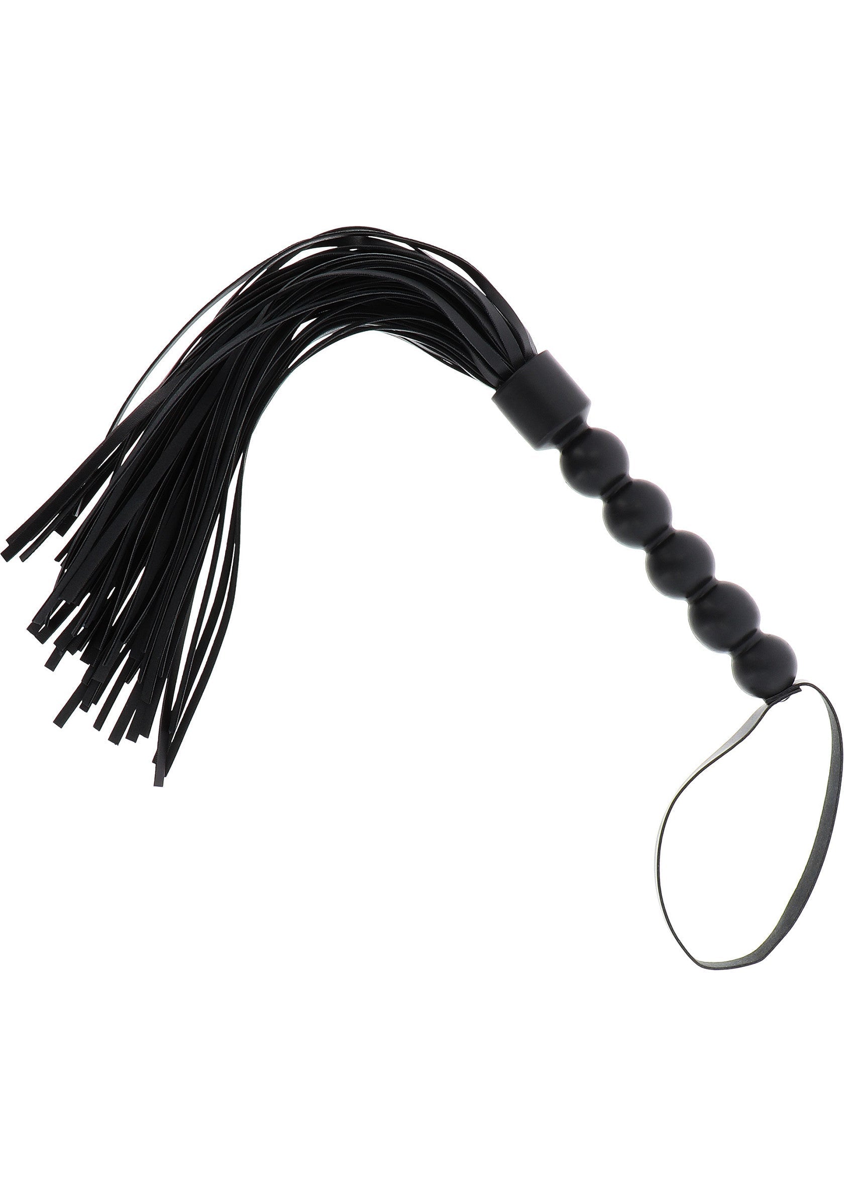 Cravache noire à franges avec manche à billes pour jeux coquins.; Zwarte zweep met franjes en kralenhandvat voor ondeugende spelletjes.; Black fringe flogger with beaded handle for naughty games.