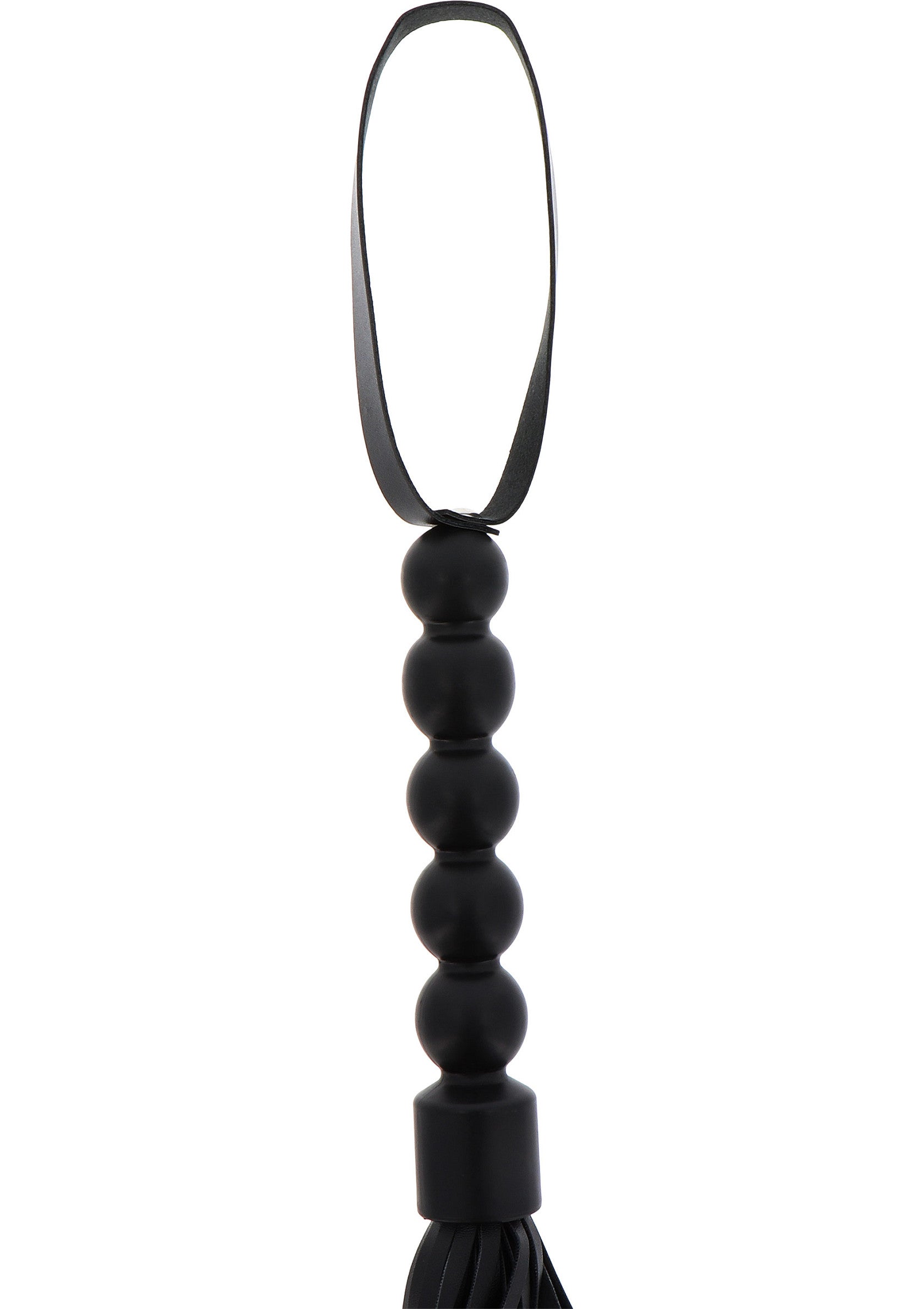 Cravache noire avec poignée à billes et boucle pour une prise en main facile.; Zwarte zweep met kralenhandvat en lus voor gemakkelijke grip.; Black crop with beaded handle and loop for easy grip.